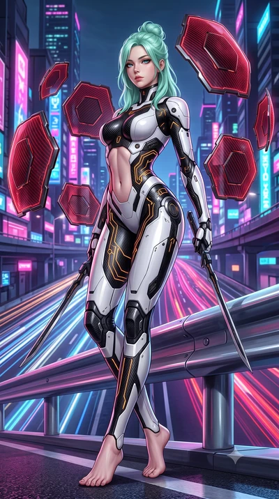 score_9, masterpiece, best quality, ultra-detailed, high-budget anime keyframe, semi-realistic 3D game render, editorial fashion photography, tasteful artistic composition, Japanese woman. low angle full-body shot from head to toe showing her feet, f