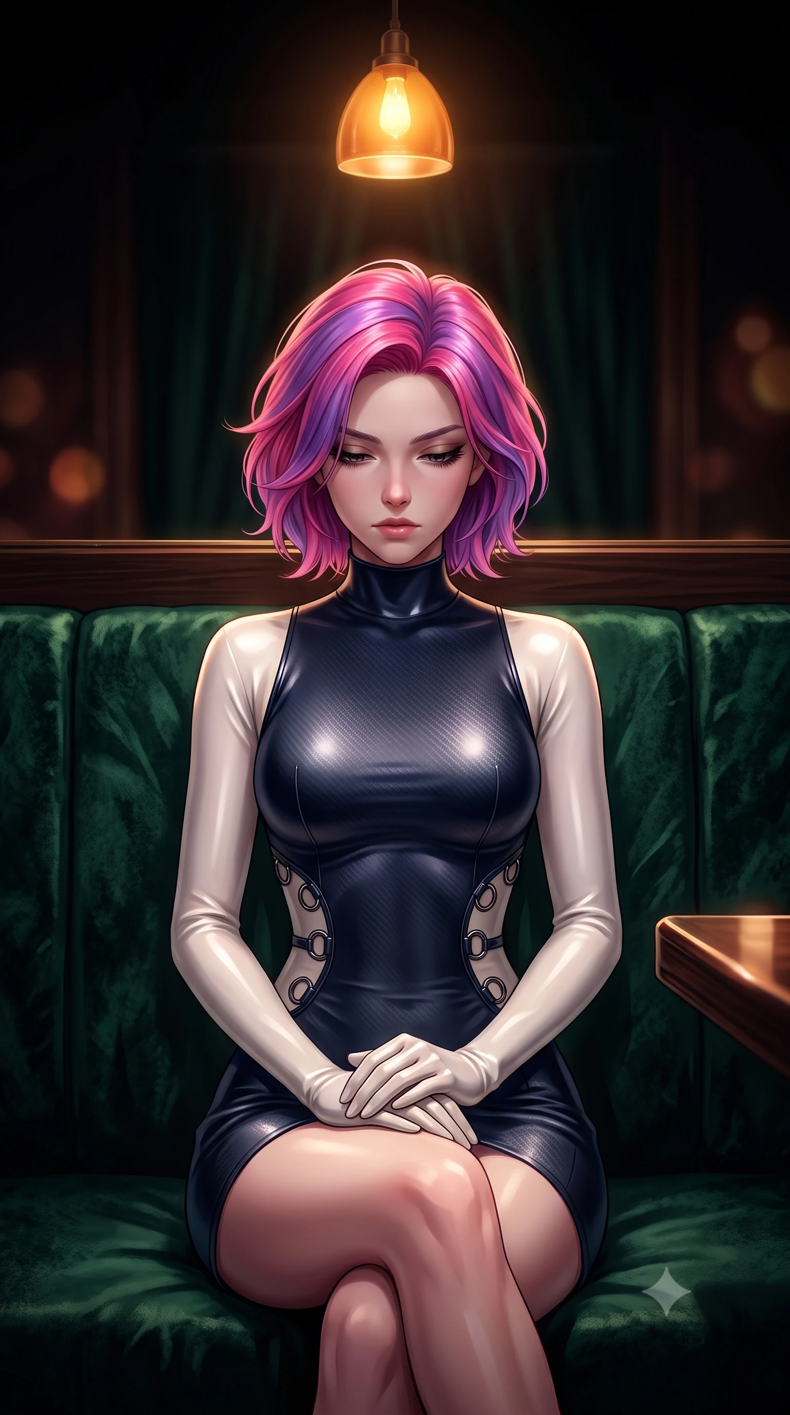 score_9, masterpiece, best quality, ultra-detailed, high-budget anime keyframe, editorial fashion photography, tasteful artistic composition, Caucasian woman. close-up cowboy shot from the waist and thighs up, the character dominates the composition, filling the frame with her large presence, background elements kept in soft focus. Looking down with lowered lashes and a composed, powerful dark aura, seated composedly in a private VIP speakeasy booth lined with dark emerald velvet, composed air of effortless superiority in her direct, calm gaze. She has an exceptionally elegant, slender, and willowy female figure with an ultra-slim waist, a gracefully sculpted slender torso, and a refined silhouette. sharp v-shaped jawline, high-bridge nose, intricate jewel-like eyes with depth, thick eyelashes, glossy lips with a natural sheen. wearing glove-like fit dark navy latex bodycon mini dress in pearl white, made of matte carbon-fiber weave, trimmed with dark chrome ring hardware along the waist contours, accentuating her gracefully sculpted slender torso. illuminated by a single warm amber pendant light directly above into pitch darkness. highly saturated vibrant anime colors, detailed shading with soft gradients, rich glossy textures, high-contrast stereoscopic depth, volumetric dynamic lighting, master piece, 9:16 ratio