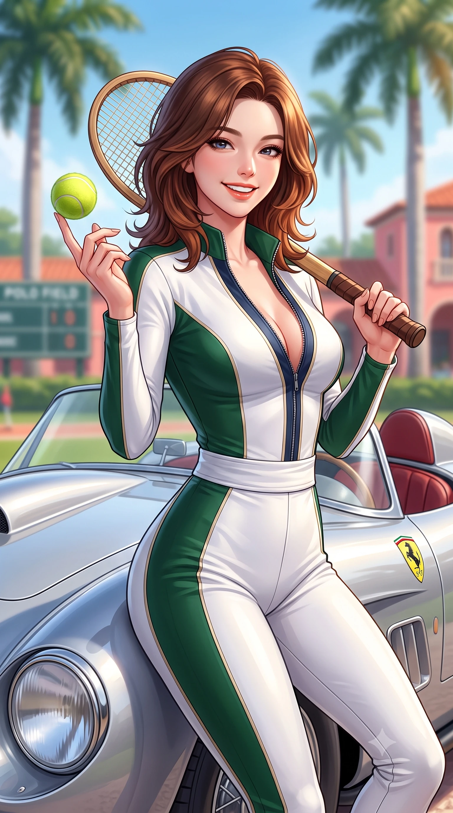 score_9, masterpiece, best quality, ultra-detailed, high-budget anime keyframe, semi-realistic 3D game render, editorial fashion photography, tasteful artistic composition, Korean woman. close-up cowboy shot from the waist and thighs up, the character dominates the composition, filling the frame with her large presence. playfully spinning a tennis ball on her fingertips, her radiant smile capturing fresh girlhood charm while her arched torso reveals an intoxicating hip contour while leaning against the sculpted front fender of a vintage Ferrari 250 Testa Rossa with hips cocked back, casting an intoxicating bedroom-gaze. The background shows a soft-focus soaring Royal Palms, polo field scoreboards, and Mediterranean revival terracotta clubhouses blurred into coral pink, emerald, and sky-blue bokeh. She has an exceptionally elegant, slender, and willowy female figure with an ultra-slim waist, flat toned midriff, narrow ribcage, and sculpted feminine hips creating an alluring, slim hourglass silhouette without bulk. sharp v-shaped jawline, high-bridge nose, sparkling eyes with athletic focus and depth, thick curled eyelashes, glossy parted lips with a natural coral-peach sheen, bright confident and coquettish smile with alluring bedroom-eyes, exuding both youthful sporty vigor and sovereign high-society glamour, flawlessly proportioned anatomical accuracy, strict slender model proportions, natural body alignment, perfectly sculpted long slender limbs, ultra-slim waistline, clean dynamic posture without body distortion. wearing an ultra-tight form-contouring racing leather catsuit in two-tone white and British racing green with a deep-plunging zip neck in Monaco navy blue and cream champagne gold, tailored from crisp cotton poplin with clean aerodynamic structural lines, featuring a vintage wooden tennis racket held casually over one shoulder, the high-waisted wrap tailoring accentuating her ultra-slim waistline and the enchanting curve of her feminine hips with alluring sporty charm. bathed in luminous Florida sunshine reflecting off white coral stone terraces. highly saturated vibrant anime colors, detailed shading with soft gradients, rich glossy textures, high-contrast stereoscopic depth, volumetric dynamic lighting, master piece, 9:16 ratio