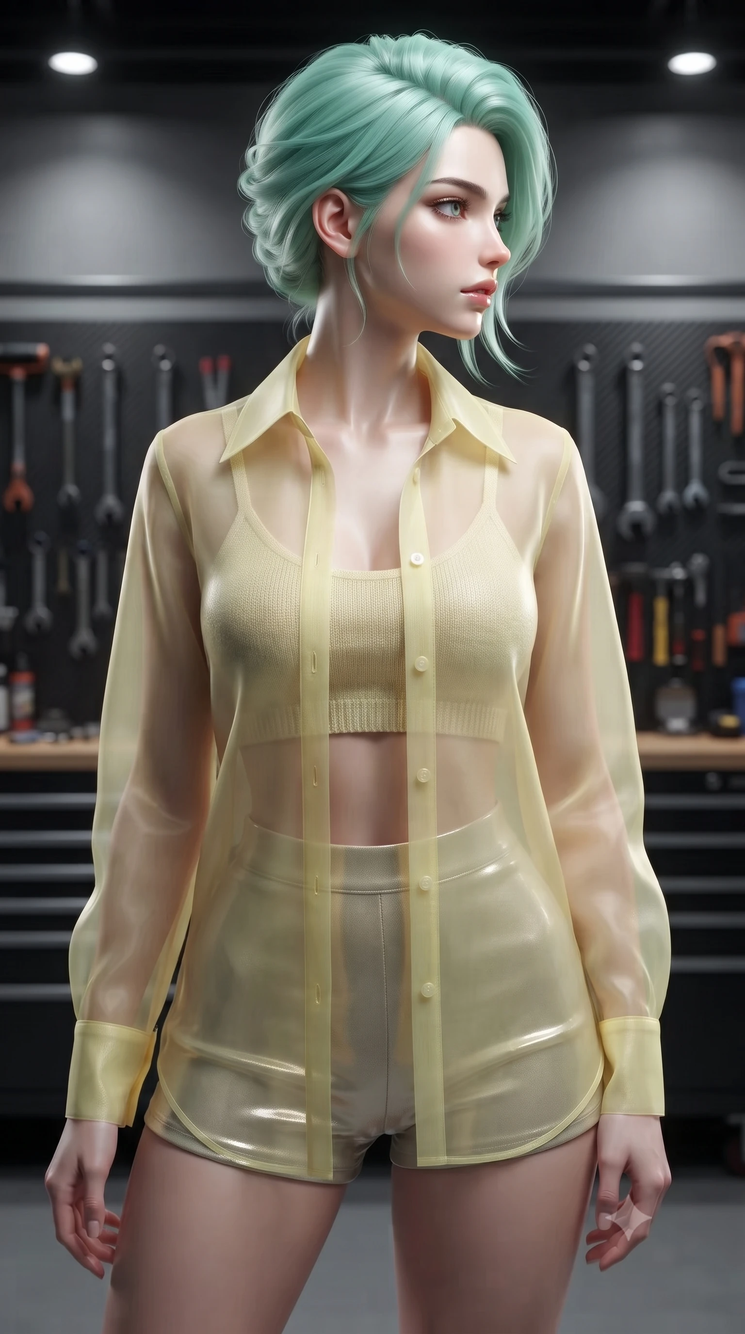 score_9, masterpiece, best quality, ultra-detailed, high-budget anime keyframe, editorial fashion photography, tasteful artistic composition, Japanese woman. close-up cowboy shot from the waist and thighs up, the character dominates the composition, filling the frame with her large presence, background elements kept in soft focus. turning her face in sharp profile, casting a cold, mysterious, yet intensely alluring side gaze, the background shows a soft-focus a private helicopter hangar with steel racks, tools, and carbon fiber panels. She has an exceptionally elegant, slender, and willowy female figure with an ultra-slim waist, a gracefully sculpted slender torso, and a refined silhouette. sharp v-shaped jawline, high-bridge nose, intricate jewel-like eyes with depth, thick eyelashes, glossy lips with a natural sheen. wearing a tailored sheer organza shirt in pale yellow worn open over a knit crop top and micro-shorts. focused spotlights casting sharp, detailed shadows across her figure. ultra-reflective glossy finish, specular highlights, metallic sheen, high-contrast stereoscopic depth, volumetric dynamic lighting, 2k, ultra detail, master piece, 9:16 ratio