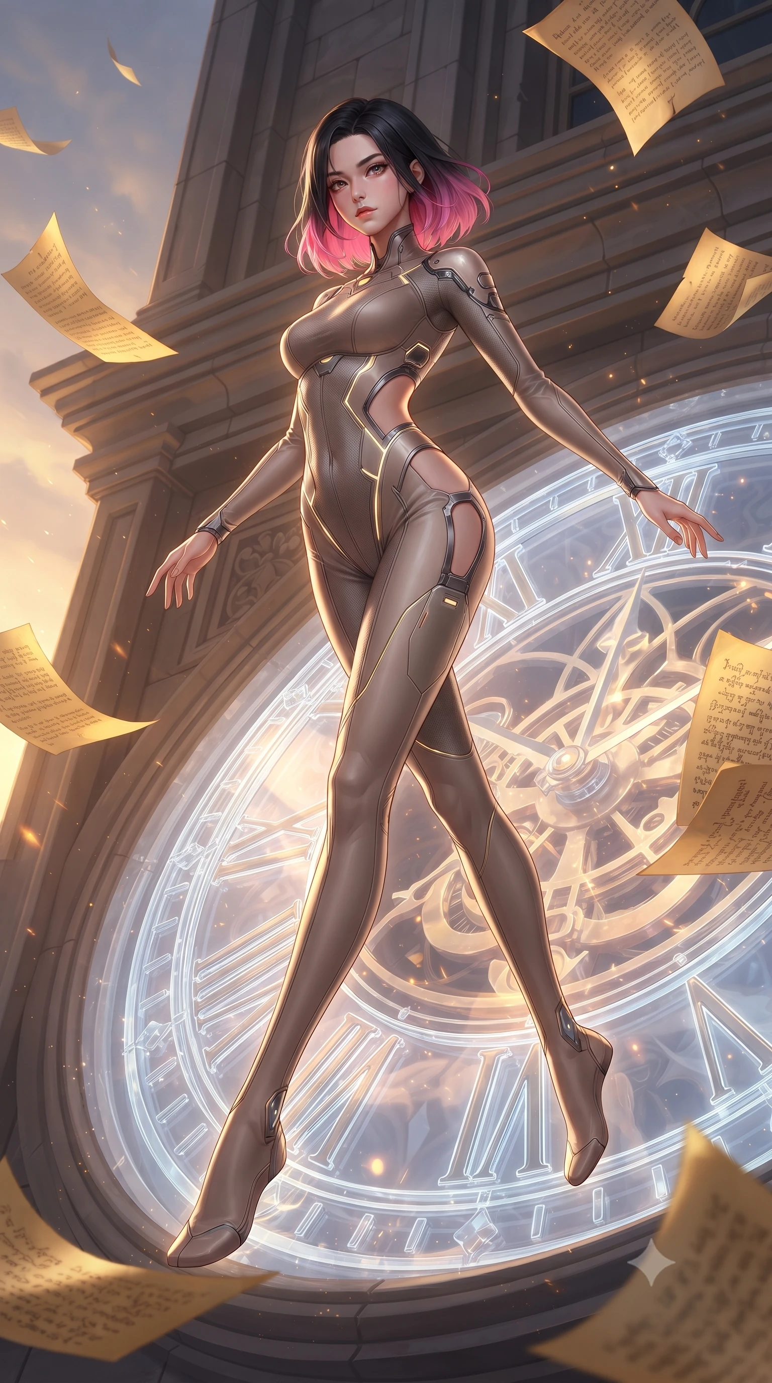 score_9, masterpiece, best quality, ultra-detailed, high-budget anime keyframe, editorial fashion photography, tasteful artistic composition, Korean woman. low angle full-body shot from head to toe showing her feet, filling the entire 9:16 vertical frame with her statuesque presence, stretching her vertical silhouette. leaping gracefully through the environment with statuesque elegance and long slender legs standing atop a giant translucent Roman numeral clock dial in a high tower, golden paper pages fluttering gently around her in a magical breeze. She has an absolutely perfect, statuesque 8.5-heads proportion, an exceptionally tall and slender model-like female figure with impossibly long slender legs and an ultra-slim waist. sharp v-shaped jawline, high-bridge nose, intricate jewel-like eyes with depth, thick eyelashes, glossy lips with a natural sheen. wearing a skin-tight cybernetic bodysuit with glowing neon seams and side cutouts in muted taupe and soft ivory, made of fine carbon-fiber weave and soft matte leather, featuring subtle geometric cutouts that highlight her ultra-slim midriff, the sleek second-skin texture accentuating her magnetic presence. bathed in warm twilight amber backlighting and rich metallic specular glow. highly saturated vibrant anime colors, detailed shading with soft gradients, rich glossy textures, high-contrast stereoscopic depth, volumetric dynamic lighting, master piece, 9:16 ratio