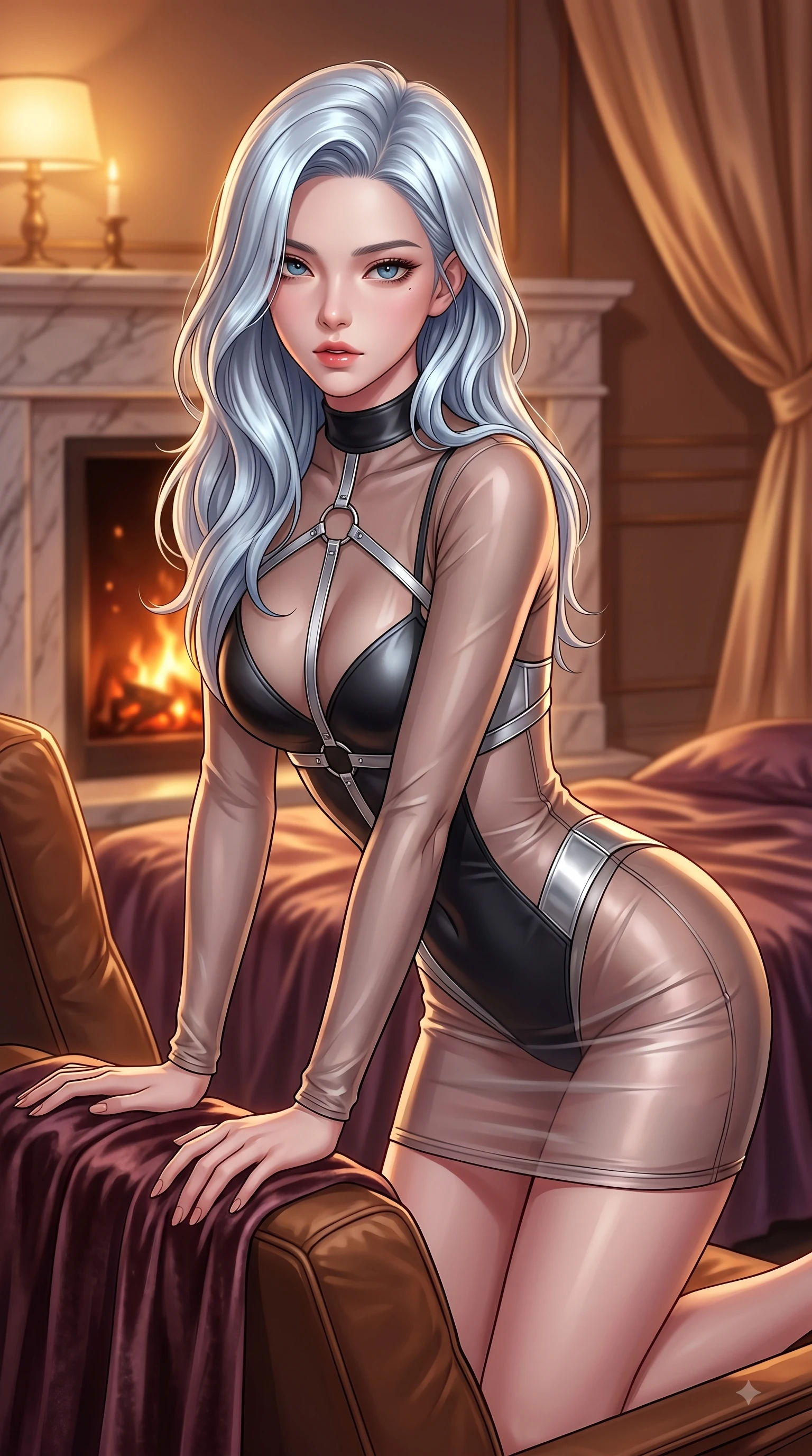 score_9, masterpiece, best quality, ultra-detailed, high-budget anime keyframe, editorial fashion photography, tasteful artistic composition, Korean woman. close-up cowboy shot from the waist and thighs up, the character dominates the composition, filling the frame with her large presence, background elements kept in soft focus. Leaning forward gracefully with lips parted, casting a smoldering magnetic gaze directly into the lens while resting on a leather lounge chair by a marble fireplace as soft golden hearth embers highlight her slender torso, crushed velvet sheets and silk drapery catching warm amber ambient lamp highlights. She has an exceptionally elegant, slender, and willowy female figure with an ultra-slim waist, a gracefully sculpted slender torso, and a refined silhouette. sharp v-shaped jawline, high-bridge nose, intricate jewel-like eyes with depth, thick eyelashes, glossy lips with a natural sheen, flawlessly proportioned anatomical accuracy, natural body alignment, perfectly sculpted elegant limbs, clean dynamic posture without body distortion. wearing a semi-opaque sheer overlay dress over a leather micro-bodysuit in matte black and polished silver, crafted from smooth liquid silk, accented with delicate chrome ring hardware framing her waist, the tailored fabric tightly following every curve of her athletic build. surrounded by a cozy, intimate glow with smooth high-contrast stereoscopic depth. highly saturated vibrant anime colors, detailed shading with soft gradients, rich glossy textures, high-contrast stereoscopic depth, volumetric dynamic lighting, master piece, 9:16 ratio