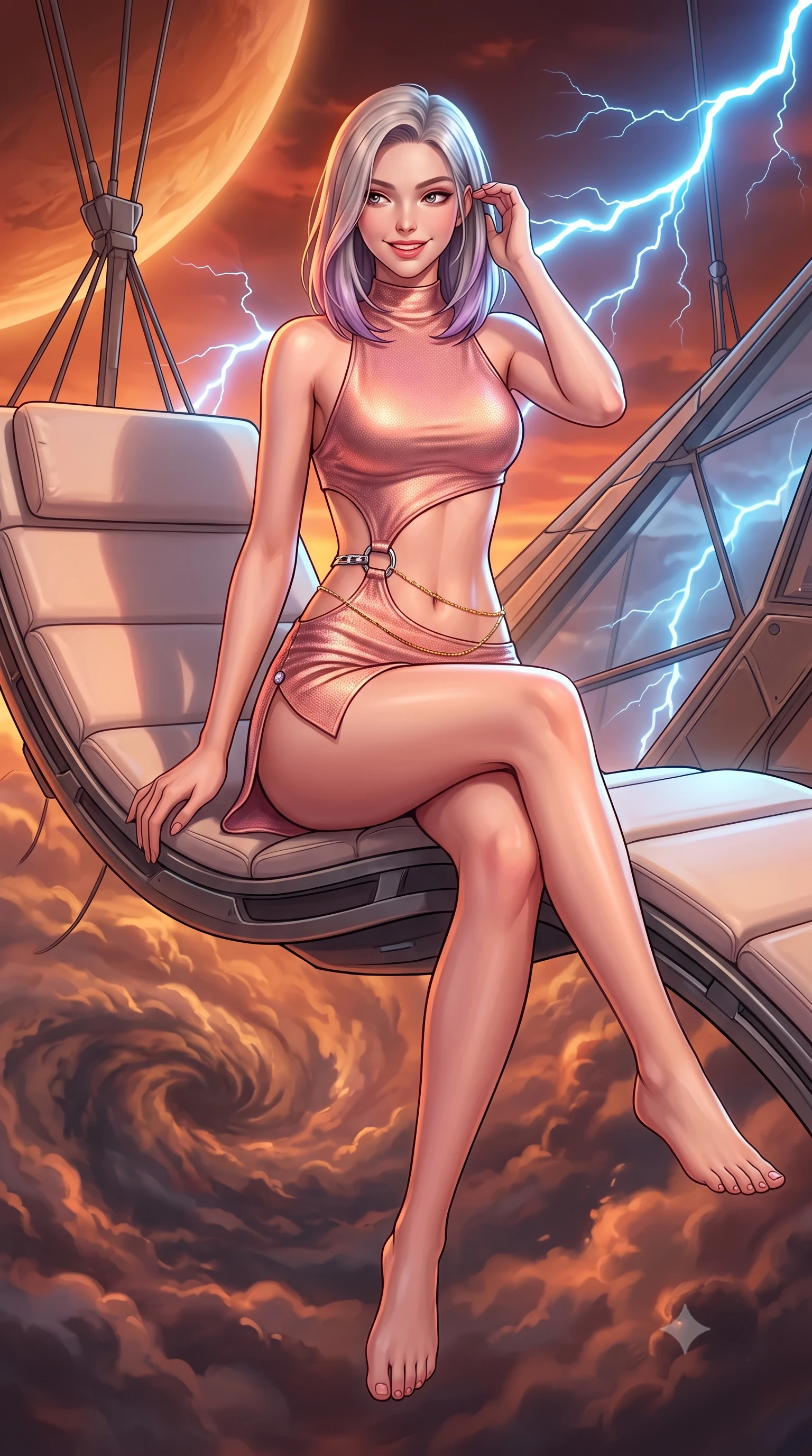 score_9, masterpiece, best quality, ultra-detailed, high-budget anime keyframe, semi-realistic 3D game render, editorial fashion photography, tasteful artistic composition, Caucasian woman. close-up cowboy shot from the waist and thighs up, the character dominates the composition, filling the frame with her large presence. gently brushing a lock of hair behind her ear while casting a playful, flirtatious side-gaze with long eyelashes while sitting gracefully on the floating antigravity lounge with legs crossed, flashing a radiant, playful smile with parted glossy lips. The surrounding environment is rendered in vivid detail and crisp panoramic clarity: sharp aerostat suspension cables, anti-radiation glass facets, and swirling storm vortex cloud details in deep focus. She has an exceptionally elegant, slender, and willowy female figure with an ultra-slim waist, flat toned midriff, narrow ribcage, and sculpted feminine hips creating an alluring, slim hourglass silhouette without bulk. sharp v-shaped jawline, high-bridge nose, intricate jewel-like sparkling eyes with depth, thick eyelashes, glossy parted lips with a natural peach sheen, bright cheerful beaming smile with an enchanting and coquettish sensual glint, exuding both youthful cute charm and seductive allure, flawlessly proportioned anatomical accuracy, strict slender model proportions, natural body alignment, perfectly sculpted long slender limbs, ultra-slim waistline, clean dynamic posture without body distortion. wearing a provocative open-waist cutout mini dress framed by polished chrome hardware and thigh-high slit in Solaris liquid rose-quartz and alien peach, tailored from high-density tech-wool with subtle metallic thread weave, accented with a dainty gold belly chain resting across her flat midriff and curving hips, the glove-like clinging cut tightly following the natural contour of her hips and long slender legs with youthful 8.5-heads elegance. bathed in rich amber and vermilion planetary atmospheric glow contrasted with sharp intermittent electric-blue lightning flashes. highly saturated vibrant anime colors, detailed shading with soft gradients, rich glossy textures, high-contrast stereoscopic depth, volumetric dynamic lighting, master piece, 9:16 ratio