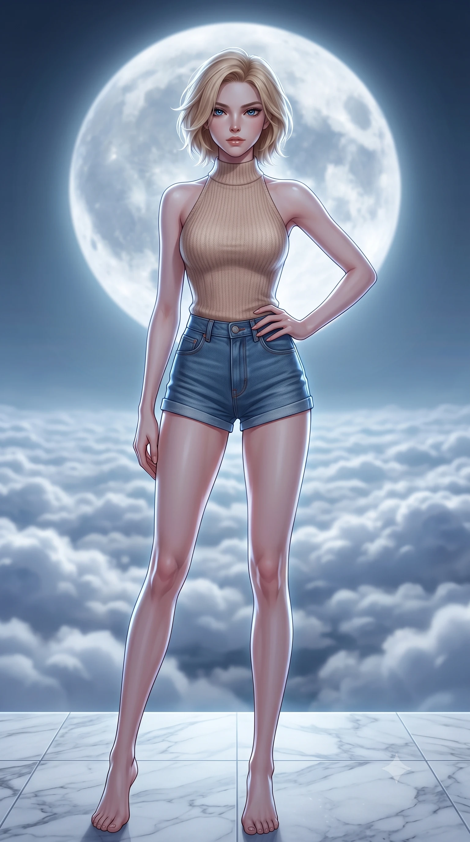score_9, masterpiece, best quality, ultra-detailed, high-budget anime keyframe, editorial fashion photography, tasteful artistic composition, Caucasian woman. low angle full-body shot from head to toe showing her feet, filling the entire 9:16 vertical frame with her statuesque presence, stretching her vertical silhouette. posing confidently with one hand on her hip, stretching her statuesque body to emphasize her curves the background shows a soft-focus a floating marble terrace above a sea of clouds illuminated by a full silver moon. She has an absolutely perfect, statuesque 8.5-heads proportion, an exceptionally tall and slender model-like female figure with impossibly long slender legs and an ultra-slim waist. sharp v-shaped jawline, high-bridge nose, intricate jewel-like eyes with depth, thick eyelashes, glossy lips with a natural sheen. wearing a body-hugging backless knit top in beige wool, paired with high-waisted denim shorts. ethereal cool moonlight wrapping her silhouette in a radiant silver rim light. highly saturated vibrant anime colors, detailed shading with soft gradients, rich glossy textures, high-contrast stereoscopic depth, volumetric dynamic lighting, master piece, 9:16 ratio