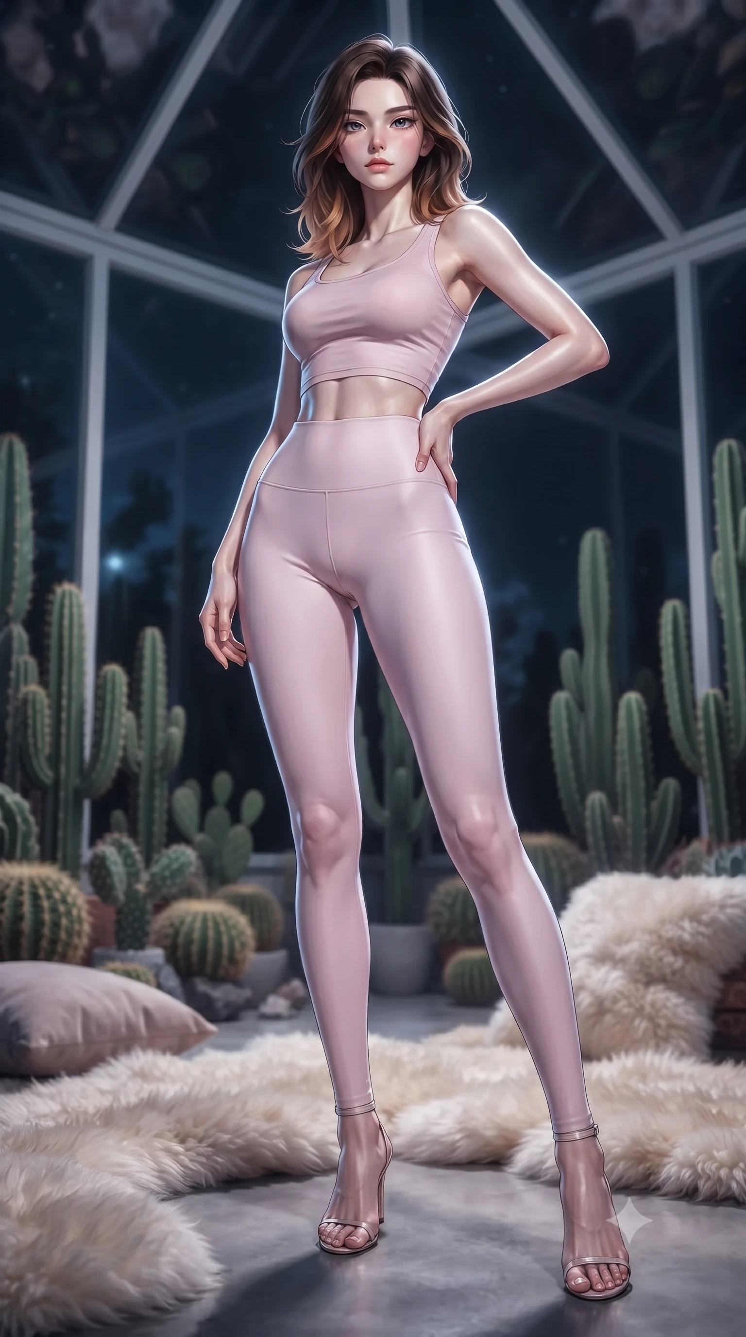 score_9, masterpiece, best quality, ultra-detailed, high-budget anime keyframe, editorial fashion photography, tasteful artistic composition, Korean woman. low angle full-body shot from head to toe showing her feet, filling the entire 9:16 vertical frame with her statuesque presence, stretching her vertical silhouette. posing confidently with one hand on her hip, stretching her statuesque body to emphasize her curves the background shows a soft-focus a glass-walled observatory filled with cacti and soft sheepskin rugs at night. She has an absolutely perfect, statuesque 8.5-heads proportion, an exceptionally tall and slender model-like female figure with impossibly long slender legs and an ultra-slim waist. sharp v-shaped jawline, high-bridge nose, intricate jewel-like eyes with depth, thick eyelashes, glossy lips with a natural sheen. wearing a slim-fit body-hugging light pink crop tank top paired with high-waisted tight-fitting leggings. soft silver moonlight wrapping her silhouette in a cool cosmic glow. ultra-reflective glossy finish, specular highlights, metallic sheen, high-contrast stereoscopic depth, volumetric dynamic lighting, 2k, ultra detail, master piece, 9:16 ratio