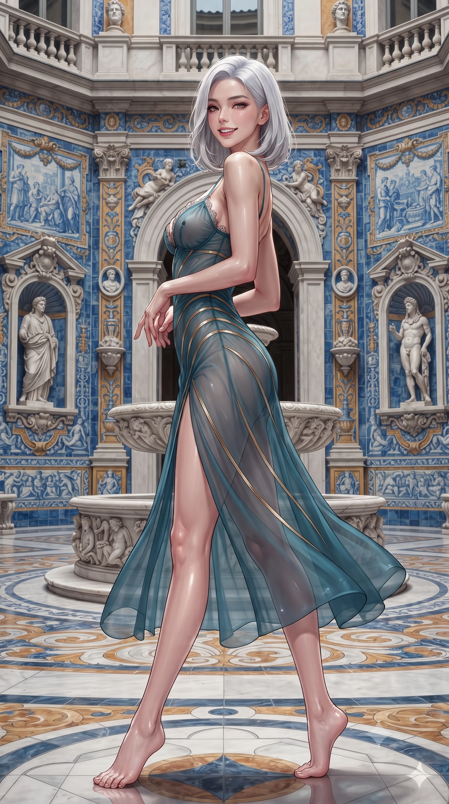 score_9, masterpiece, best quality, ultra-detailed, high-budget anime keyframe, editorial fashion photography, tasteful artistic composition, Korean woman. low angle full-body shot from head to toe showing her feet, filling the entire 9:16 vertical frame with her statuesque presence, stretching her vertical silhouette. executing a slow, graceful pivot turn as her skirt sways around her slender legs, glancing back with an enchanting, teasing sensual expression while standing centered in the monumental central courtyard surrounded by vibrant blue-glazed azulejo tiles and classical Roman bust niches, arching her spine with aristocratic supermodel charisma. The surrounding environment is rendered in vivid detail and crisp panoramic clarity: sharp vibrant blue and ochre cuenca azulejo ceramic tile reliefs, Genoese marble fountain carvings, and Renaissance stucco tracery in deep focus. She has an exceptionally tall and slender model-like 8.5-heads proportion, an ultra-slim waist, a flat toned midriff, narrow delicate ribcage, and beautifully sculpted feminine hips creating a graceful, slim hourglass silhouette without any bulky heaviness, with impossibly long slender legs. sharp v-shaped jawline, high-bridge nose, intricate jewel-like sparkling eyes with depth, thick eyelashes, glossy parted lips with a natural peach sheen, bright cheerful beaming smile with an enchanting and coquettish sensual glint, exuding both youthful cute charm and seductive allure, flawlessly proportioned anatomical accuracy, strict slender model proportions, natural body alignment, perfectly sculpted long slender limbs, ultra-slim waistline, clean dynamic posture without body distortion. wearing a plunge-front sheer illusion tulle slip dress with liquid gold ribbon stripes hugging her curves in Icelandic geothermal cyan and volcanic basalt obsidian, crafted from fluid liquid silk satin that clings smoothly to her narrow waist and rounded hips with a dewy sheen, finished with scalloped eyelash lace trim framing her sweetheart neckline with intimate elegance, the bespoke structured tailoring following the natural line of her 8.5-heads silhouette with refined elegance. illuminated by azulejo tile specular reflections and sharp rose-gold rim lights defining her razor-sharp jawline, narrow waist, and curvy hips. ultra-reflective glossy finish, specular highlights, rich textural contrasts, high-contrast stereoscopic depth, volumetric dynamic lighting, 2k, ultra detail, master piece, 9:16 ratio