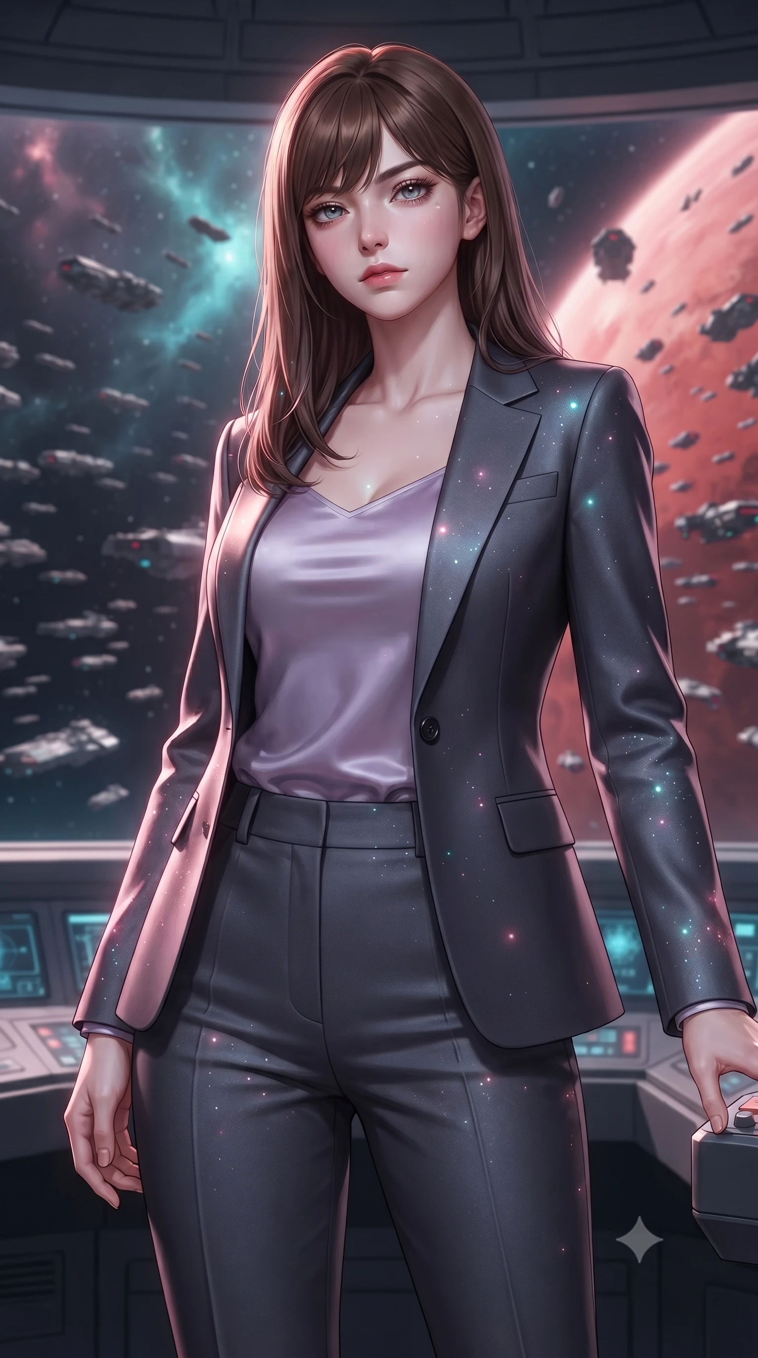 score_9, masterpiece, best quality, ultra-detailed, high-budget anime keyframe, editorial fashion photography, tasteful artistic composition, realistic cosplay photography, Korean woman. close-up cowboy shot from the waist and thighs up, the character dominates the composition, filling the frame with her large presence, background elements kept in soft focus. Standing proud on the bridge, looking down at the viewer with quiet authority and a cold composure. set against a soft-focus background of an observation balcony of a flagship, looking out at a fleet of hundreds of cruisers assembling in orbit of a red planet. She has an exceptionally elegant and slender, willowy female figure with an ultra-slim waist, a gracefully sculpted slender torso, and a refined slim physique. sharp v-shaped jawline, high-bridge nose, intricate jewel-like eyes with depth, thick eyelashes, glossy lips with a natural sheen. wearing catching and diffusing the glowing particles, shimmering softly in response to the surrounding light, a body-hugging tailored charcoal blazer over a soft lavender satin top, paired with matching charcoal tailored trousers. starlight and nebula glow casting soft cosmic pink and cyan highlights on her form. ultra-reflective glossy finish, specular highlights, metallic sheen, high-contrast stereoscopic depth, volumetric dynamic lighting, 2k, ultra detail, master piece, 9:16 ratio