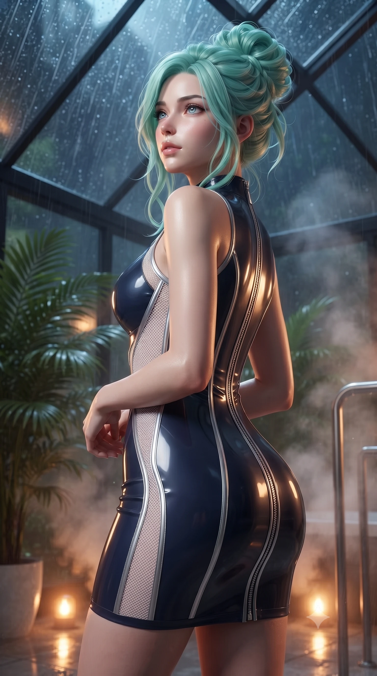 score_9, masterpiece, best quality, ultra-detailed, high-budget anime keyframe, editorial fashion photography, tasteful artistic composition, Japanese woman. close-up cowboy shot from the waist and thighs up, the character dominates the composition, filling the frame with her large presence, background elements kept in soft focus. Glancing sidelong over her shoulder with a smoldering, enigmatic half-smile, looking up at the rain-streaked glass ceiling with a calm, composed expression, cool night atmosphere outside contrasting with warm humid interior steam. She has an exceptionally elegant, slender, and willowy female figure with an ultra-slim waist, a gracefully sculpted slender torso, and a refined silhouette. sharp v-shaped jawline, high-bridge nose, intricate jewel-like eyes with depth, thick eyelashes, glossy lips with a natural sheen. wearing glove-like fit dark navy latex bodycon mini dress in pearl white, made of fine dark contouring mesh, finished with metallic silver boning and sleek zipper points, sculpting her athletic slender build with refined precision. illuminated by warm amber floor lights filtering through tropical greenery. ultra-reflective glossy finish, specular highlights, metallic sheen, high-contrast stereoscopic depth, volumetric dynamic lighting, 2k, ultra detail, master piece, 9:16 ratio