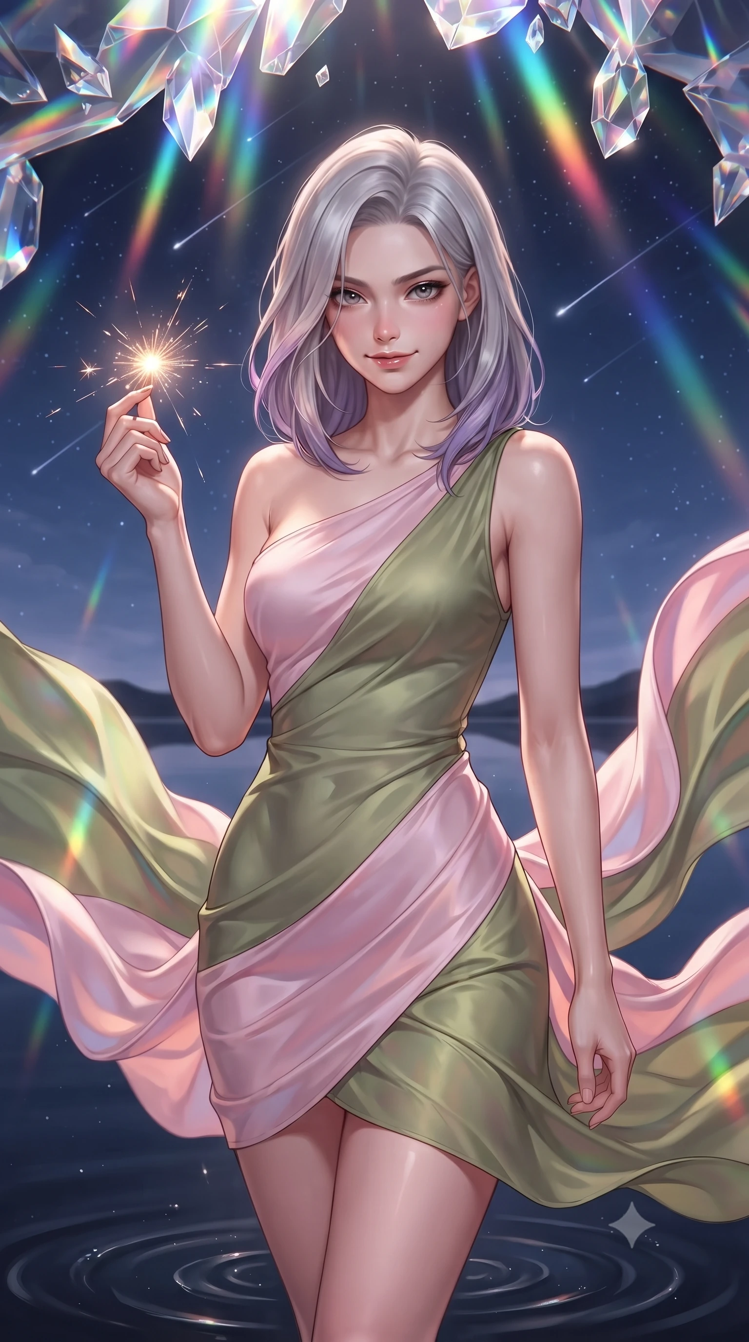 score_9, masterpiece, best quality, ultra-detailed, high-budget anime keyframe, editorial fashion photography, tasteful artistic composition, realistic cosplay photography, Caucasian woman, strictly human ears. close-up cowboy shot from the waist and thighs up, the character dominates the composition, filling the frame with her large presence, background elements kept in soft focus. Snapping a finger to ignite a spark of magic, lips parted in a self-assured smirk. set against a soft-focus background of a perfectly flat obsidian stone lake at night, mirroring a sky filled with shooting stars, ripples spreading from her footsteps. She has an exceptionally elegant and slender, willowy female figure with an ultra-slim waist, a gracefully sculpted slender torso, and a refined slim physique. sharp v-shaped jawline, high-bridge nose, intricate jewel-like eyes with depth, thick eyelashes, glossy lips with a natural sheen. wearing the lightweight fabric rippling and billowing dramatically with her movement, a form-contouring sleek asymmetric one-shoulder dress in pastel pink and olive green silk, following her slender frame with sharp lines. cascading rainbow prismatic light refracting through crystal formations overhead. ultra-reflective glossy finish, specular highlights, metallic sheen, high-contrast stereoscopic depth, volumetric dynamic lighting, 2k, ultra detail, master piece, 9:16 ratio