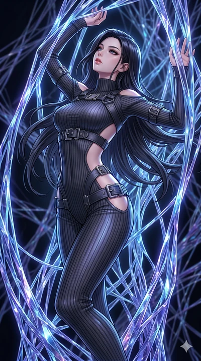 score_9, masterpiece, best quality, ultra-detailed, High-budget Anime Keyframe, East Asian woman. Dynamic full-body shot stretching the vertical silhouette to the limit. Scenario 162: Trapped in a cage of glowing crystalline fibers, body pressing aga