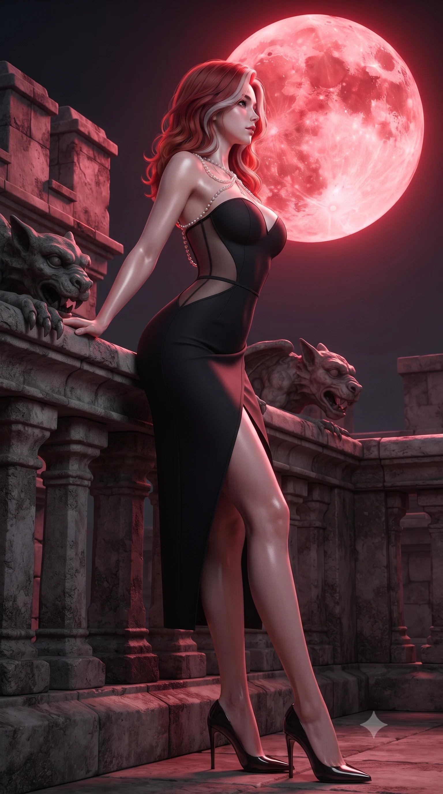 score_9, masterpiece, best quality, ultra-detailed, high-budget anime keyframe, editorial fashion photography, tasteful artistic composition, Caucasian woman. low angle full-body shot from head to toe showing her feet, filling the entire 9:16 vertical frame with her statuesque presence, stretching her vertical silhouette. leaning deep against the balcony balustrade with hips cocked back in an unapologetically alluring high-fashion stance, casting an intoxicating glance while leaning against the carved stone gargoyle parapet with hips cocked back, looking back toward the giant crimson moon with bedroom-eyes. The surrounding environment is rendered in vivid detail and crisp panoramic clarity: sharp weathered stone crenelations, carved granite gargoyle claws, and lunar crater surface details in deep focus. She has an absolutely perfect, statuesque 8.5-heads proportion, an exceptionally tall and slender model-like female figure with impossibly long slender legs, an ultra-slim waist, a flat toned midriff, narrow delicate ribcage, and beautifully sculpted feminine hips creating a graceful, slim hourglass silhouette without any bulky heaviness. sharp v-shaped jawline, high-bridge nose, sparkling eyes with hypnotic seductive depth, thick curled eyelashes, glossy parted lips with a natural dewy peach sheen, alluring bedroom-eyes with an enchanting coquettish smile, exuding magnetic siren charisma and sophisticated glamour, flawlessly proportioned anatomical accuracy, strict slender model proportions, natural body alignment, perfectly sculpted long slender limbs, ultra-slim waistline, clean dynamic posture without body distortion. wearing a deep sweetheart-neckline matte-black bodycon dress with sheer side-torso cutouts accentuating her hourglass curves in pure pearl alabaster with liquid platinum sheen, tailored from fine structural neoprene with crisp architectural edges and smooth contouring, accented with a pearl-drop body harness subtly framing her dewy collarbones and spine, the high-slit wrap tailoring accentuating her ultra-slim waistline and the enchanting curve of her feminine hips with alluring seductive charm. bathed in otherworldly crimson lunar illumination cascading directly from the giant blood moon. ultra-reflective glossy finish, specular highlights, rich textural contrasts, high-contrast stereoscopic depth, volumetric dynamic lighting, 2k, ultra detail, master piece, 9:16 ratio