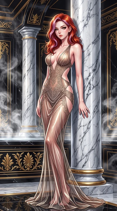 score_9, masterpiece, best quality, ultra-detailed, High-budget Anime Keyframe, Caucasian woman, strictly human ears. Dynamic full-body shot stretching the vertical silhouette to the limit. Scenario 291: leaning against a cold marble pillar inside a 