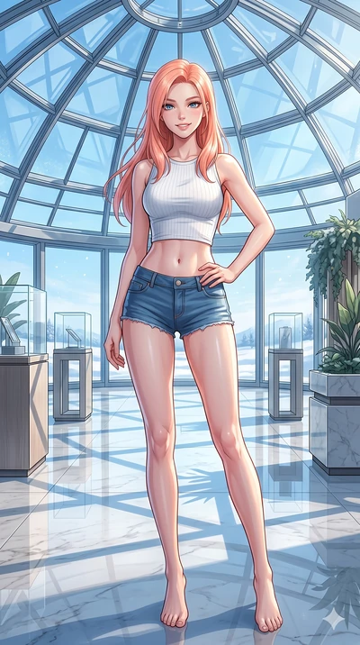 score_9, masterpiece, best quality, ultra-detailed, high-budget anime keyframe, vibrant anime aesthetic, Japanese woman. cowboy shot from the thighs up, character and outfit filling the frame for maximum presence. She is standing proud under the glas