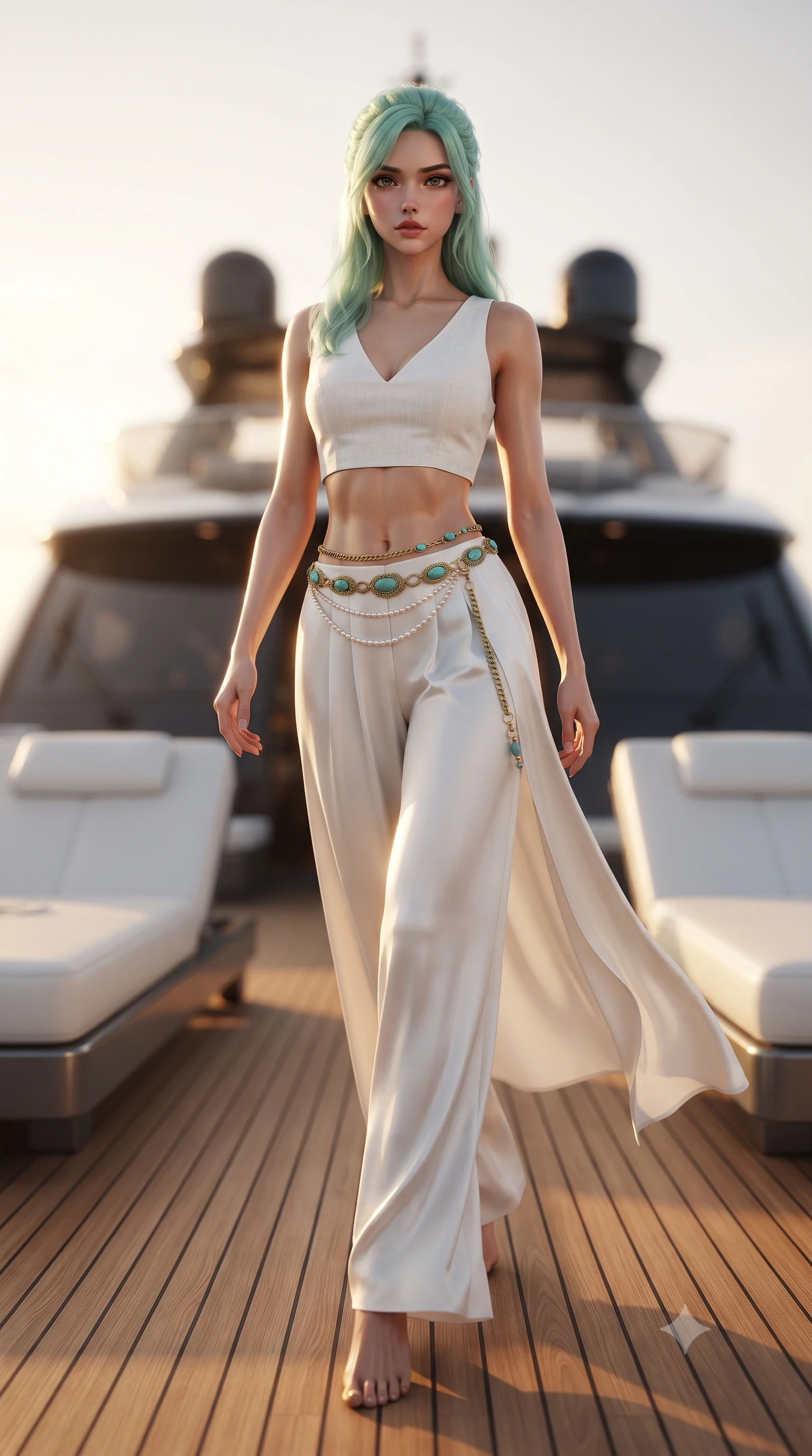 score_9, masterpiece, best quality, ultra-detailed, high-budget anime keyframe, editorial fashion photography, tasteful artistic composition, Japanese woman. low angle full-body shot from head to toe showing her feet, filling the entire 9:16 vertical frame with her statuesque presence, stretching her vertical silhouette. sitting perched on the elevated ledge with hips angled toward the camera and legs crossed, displaying her toned midriff and flawlessly sculpted slender limbs while striding across the teak deck before pausing to pivot her hips in an alluring 3/4 rear view, sea breeze fluttering her form-fitting garments. The composition keeps background elements in soft focus with creamy bokeh. sleek yacht superstructure and white leather loungers softened in dreamy cinematic focus. She has an absolutely perfect, statuesque 8.5-heads proportion, an exceptionally tall and slender model-like female figure with impossibly long slender legs, a toned flat midriff, an ultra-slim waist, and beautifully sculpted feminine hips. sharp v-shaped jawline, high-bridge nose, intricate jewel-like eyes with depth, thick eyelashes, glossy parted lips with a natural sheen, intensely captivating and seductive bedroom-eyes expression, flawlessly proportioned anatomical accuracy, strict slender model proportions, natural body alignment, perfectly sculpted long slender limbs, ultra-slim waistline, clean dynamic posture without body distortion. wearing a tailored white linen crop top paired with low-slung flowing silk palazzo pants and a gold chain belt in olive gold and Mediterranean turquoise, crafted from breathable crinkled linen and lightweight modal knit, finished with dainty pearl waist chains framing her sun-kissed midriff, the form-contouring material adhering flawlessly to her sculpted flat midriff and slender torso, emphasizing her long leg lines and perfectly proportioned willowy build. bathed in glorious golden hour sunset backlighting and warm amber deck lantern fill. ultra-reflective glossy finish, specular highlights, rich textural contrasts, high-contrast stereoscopic depth, volumetric dynamic lighting, 2k, ultra detail, master piece, 9:16 ratio