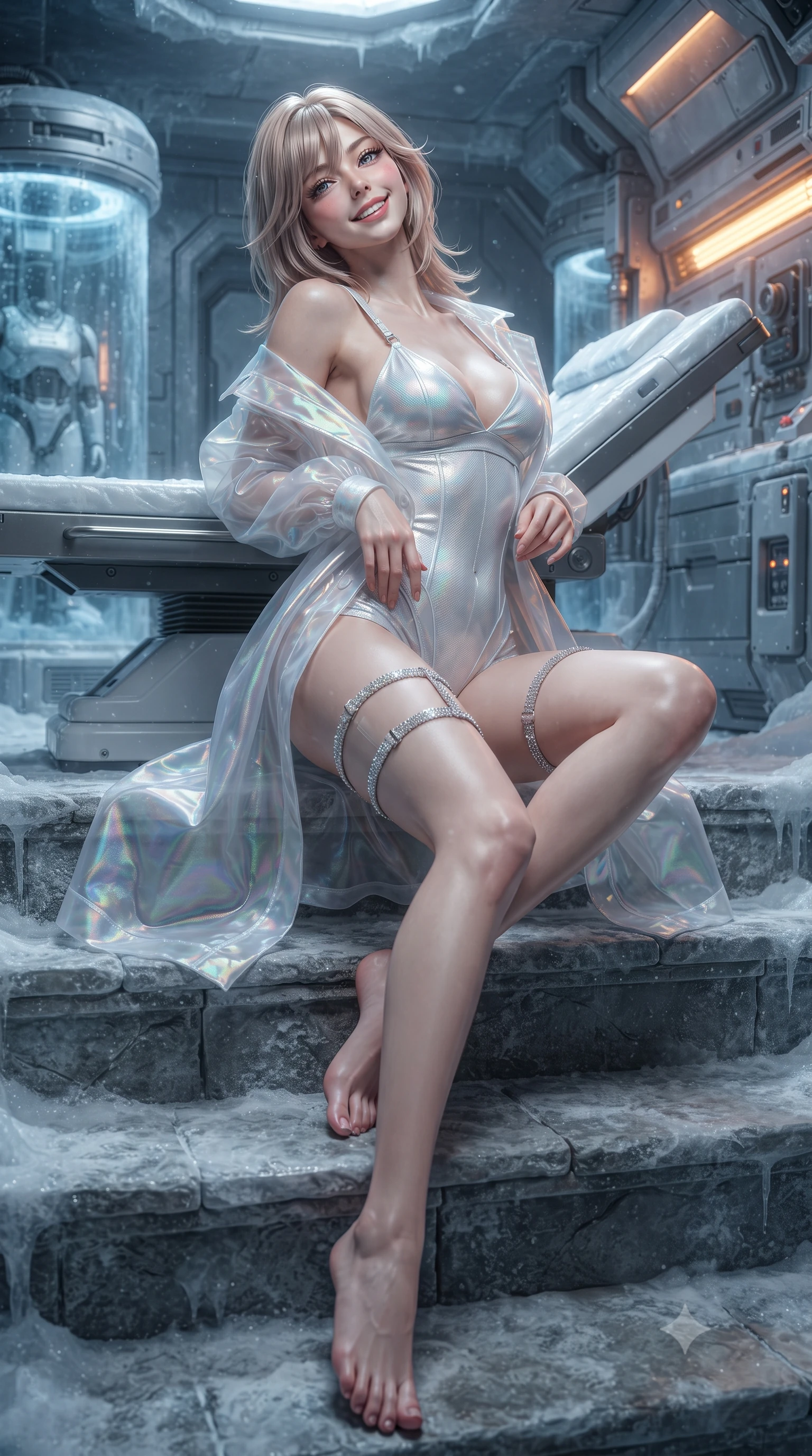 score_9, masterpiece, best quality, ultra-detailed, high-budget anime keyframe, editorial fashion photography, tasteful artistic composition, Japanese woman. low angle full-body shot from head to toe showing her feet, filling the entire 9:16 vertical frame with her statuesque presence, stretching her vertical silhouette. sitting poised on the stone steps with one knee bent, arching her spine with supermodel elegance as she glances upward through thick eyelashes while reclining gracefully on the heated laboratory recovery bench with legs extended, displaying her long slender limbs and statuesque hourglass silhouette against the frozen glacial vault. The surrounding environment is rendered in vivid detail and crisp panoramic clarity: detailed tactical bodysuit lines, sleek wet-look sheen, and sterile cryogenic research architecture in razor-sharp precision. She has an exceptionally tall and slender model-like 8.5-heads proportion, an ultra-slim waist, a flat toned midriff, narrow delicate ribcage, and beautifully sculpted feminine hips creating a graceful, slim hourglass silhouette without any bulky heaviness, with impossibly long slender legs. sharp v-shaped jawline, high-bridge nose, intricate jewel-like sparkling eyes with depth, thick eyelashes, glossy parted lips with a natural peach sheen, bright cheerful beaming smile with an enchanting and coquettish sensual glint, exuding both youthful cute charm and seductive allure, flawlessly proportioned anatomical accuracy, strict slender model proportions, natural body alignment, perfectly sculpted long slender limbs, ultra-slim waistline, clean dynamic posture without body distortion. wearing a translucent iridescent organza tactical robe slipping off bare shoulders over a matching satin micro-bralette and combat shorts in holographic prismatic pearl and aerospace white, woven from structured carbon-fiber jacquard with rich textural depth, finished with delicate crystal-encrusted thigh garter straps glinting in the dim light, the bespoke structured tailoring following the natural line of her 8.5-heads silhouette with refined elegance. bathed in cool 8000K clinical bio-luminescence mixed with warm amber emergency threshold lights. ultra-reflective glossy finish, specular highlights, rich textural contrasts, high-contrast stereoscopic depth, volumetric dynamic lighting, 2k, ultra detail, master piece, 9:16 ratio