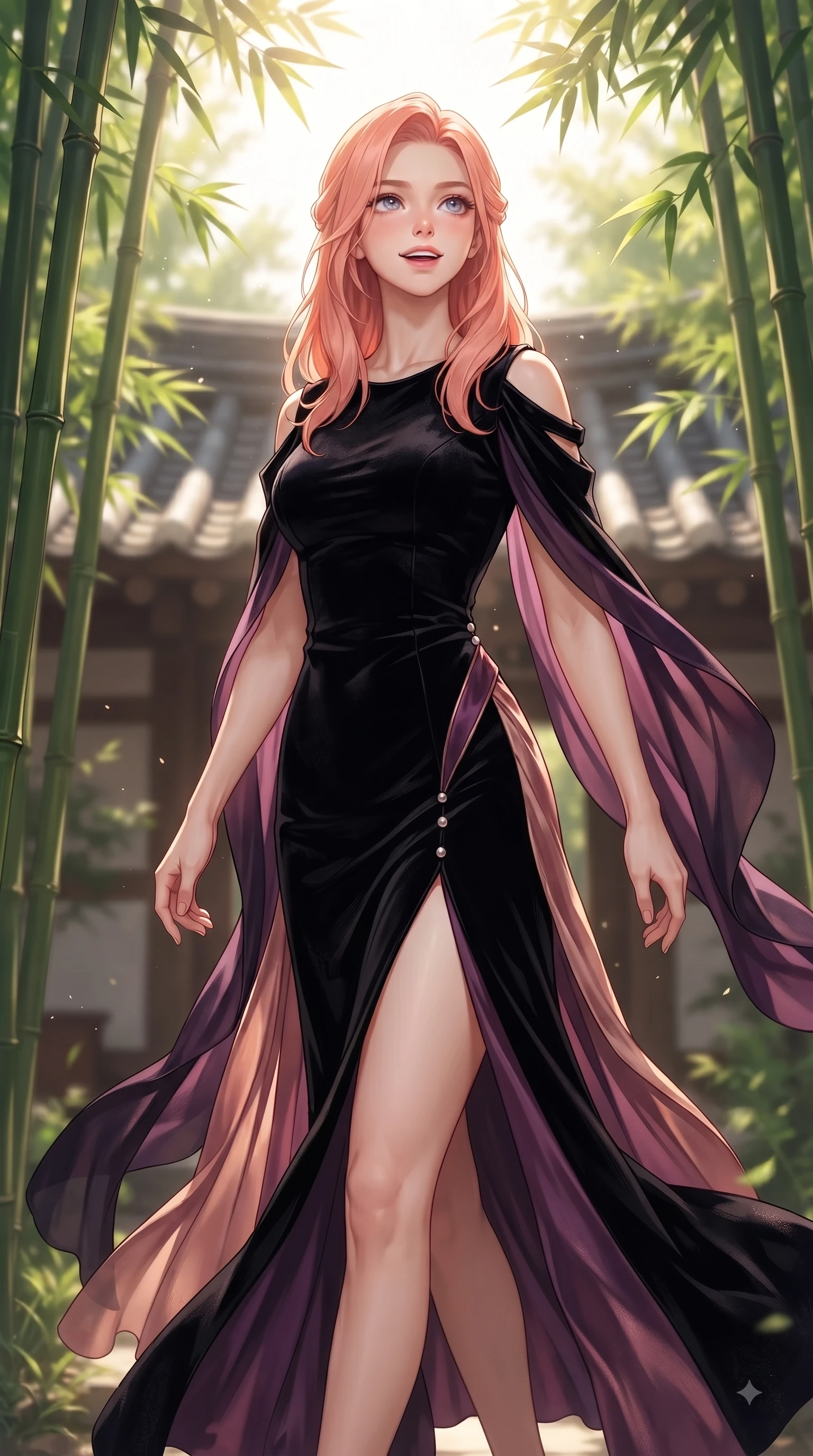 score_9, masterpiece, best quality, ultra-detailed, high-budget anime keyframe, editorial fashion photography, tasteful artistic composition, Japanese woman. close-up cowboy shot from the waist and thighs up, the character dominates the composition, filling the frame with her large presence. Radiant anticipation in her face, glowing with hopeful curiosity and warm expectant energy while stepping gracefully through a sunlit Hanok courtyard surrounded by tall green bamboo stalks. The composition keeps background elements in soft focus with dreamy bokeh. green bamboo groves and traditional clay roof tiles blurred into serene, soft bokeh. She has an exceptionally elegant, slender, and willowy female figure with an ultra-slim waist, a gracefully sculpted slender torso, and a refined silhouette. sharp v-shaped jawline, high-bridge nose, intricate jewel-like eyes with depth, thick eyelashes, glossy lips with a natural sheen, flawlessly proportioned anatomical accuracy, natural body alignment, perfectly sculpted elegant limbs, clean dynamic posture without body distortion. wearing a dramatic black velvet evening gown with a high leg slit and subtle shoulder cutouts in deep amethyst purple and rose gold, woven from fine lightweight chiffon fluttering gracefully, accented with delicate pearl buttons and refined ruffle trims, the fluid drape swaying gracefully with her dynamic editorial movement. bathed in bright morning sunbeams filtering through lush bamboo canopies. ultra-reflective glossy finish, specular highlights, metallic sheen, high-contrast stereoscopic depth, volumetric dynamic lighting, 2k, ultra detail, master piece, 9:16 ratio
