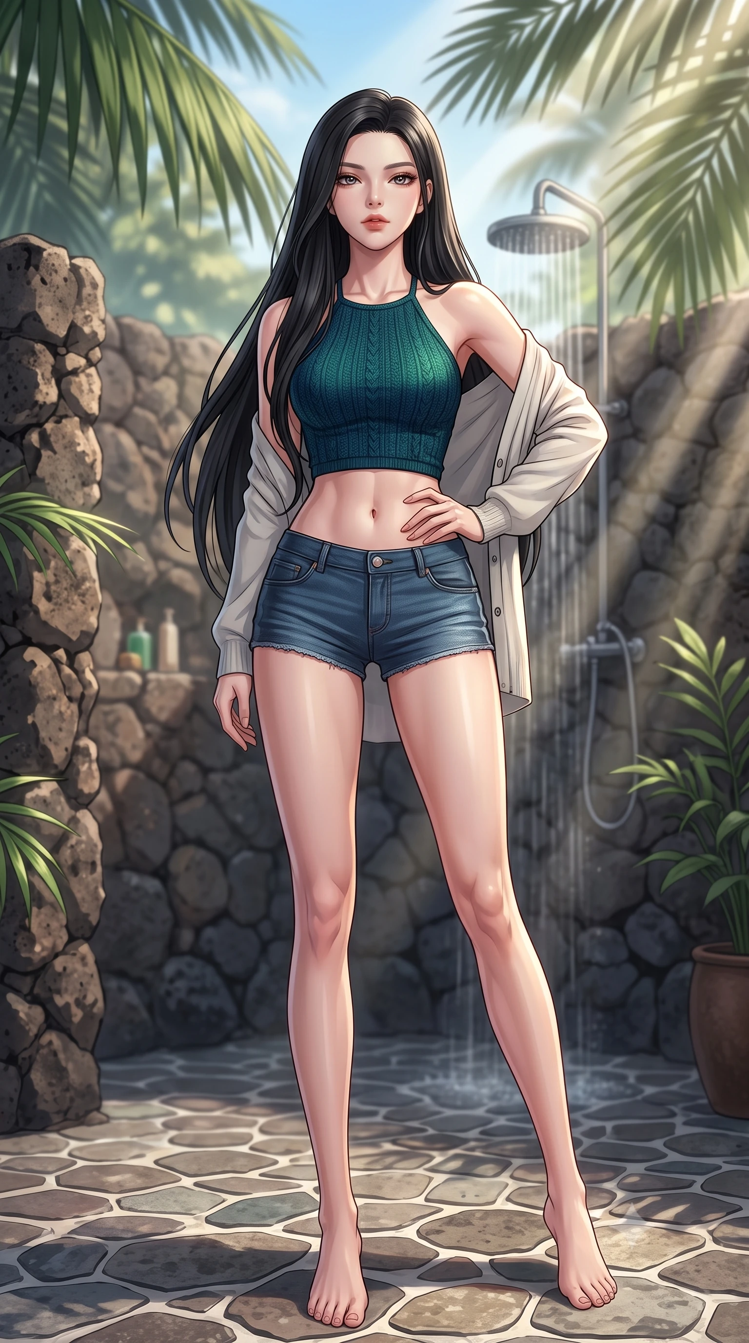 score_9, masterpiece, best quality, ultra-detailed, high-budget anime keyframe, tasteful artistic composition, Korean woman. low angle full-body shot from head to toe showing her feet, filling the entire 9:16 vertical frame with her statuesque presence, stretching her vertical silhouette. posing confidently with one hand on her hip, stretching her statuesque body to emphasize her curves the background shows a soft-focus a tropical outdoor villa shower built of volcanic rocks, surrounded by large palm leaves. She has an absolutely perfect, statuesque 8.5-heads proportion, an exceptionally tall and slender model-like female figure with impossibly long slender legs and an ultra-slim waist. sharp v-shaped jawline, high-bridge nose, intricate jewel-like eyes with depth, thick eyelashes, glossy lips with a natural sheen. wearing a slim-fit chic knit halter crop top paired with denim micro-shorts, showing her delicately sculpted midriff. sun rays slicing through the palm fronds, creating dramatic volumetric shafts of light. highly saturated vibrant anime colors, cel-shading, 2d style, master piece, 9:16 ratio