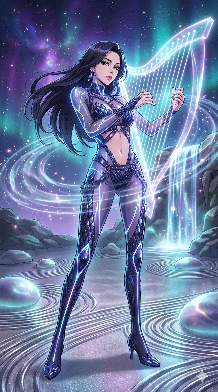 score_9, masterpiece, best quality, ultra-detailed, High-budget Anime Keyframe, vibrant colors, fluid line-art, expressive lighting, cinematic composition, Ufotable-style visual effects, top-tier animation quality, Korean woman with idol-like refined features. Dynamic full-body shot stretching the vertical silhouette, capturing her from a powerful low-angle perspective. Playing a celestial harp made of strings of pure light, the music creating ripples in the atmosphere around her. She has an absolutely perfect 8-heads proportion, an exceptionally tall and slender female figure with impossibly long slender legs and an ultra-slim waist, her statuesque height and towering silhouette dominating the vertical 9:16 frame. Her face is a masterpiece featuring a sharp v-shaped jawline, high-bridge nose, intricate jewel-like eyes with depth, thick eyelashes, and glossy lips with a natural sheen. She is wearing a Iridescent sheer catsuit with glowing lines that pulse in sync with her heartbeat crafted from Obsidian-glass scales that shimmer with a dark, crystalline brilliance, with an exposed midriff and a complex harness system that draws the eye. The scene is set in a serene Zen garden with metallic sand, glowing stones, and a holographic waterfall, illuminated by flickering starlight and nebula glow providing a mystical and vast ambiance. 2k, ultra detail, master piece, 9:16 ratio