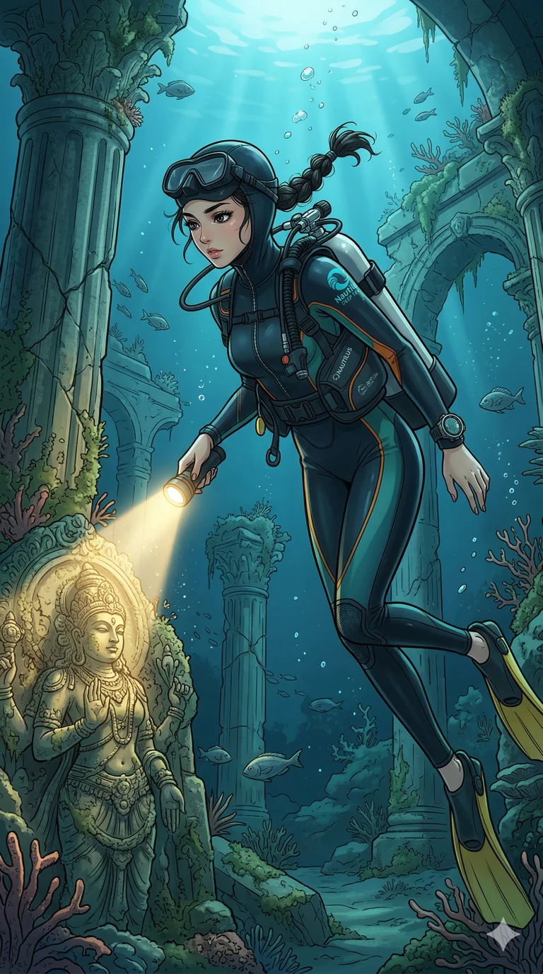 score_9, masterpiece, best quality, ultra-detailed, high-budget anime keyframe, an incredibly beautiful Japanese woman. Full-body shot stretching the vertical silhouette, dominating the 9:16 frame. She is a deep-sea diver discovering an underwater ruin. Her figure boasts an absolutely perfect 8-heads proportion, an exceptionally tall and slender build emphasizing a delicate skinny aesthetic. Her face is a flawless masterpiece with a sharp v-shaped jawline, high-bridge nose, expressive jewel-like eyes, thick eyelashes, and perfectly glossy lips. She is wearing a skin-tight glossy neoprene dive suit unzipped deeply. Ancient sunken ruins illuminated by the glowing beam of her flashlight., 2k, ultra detail, master piece, 9:16 ratio