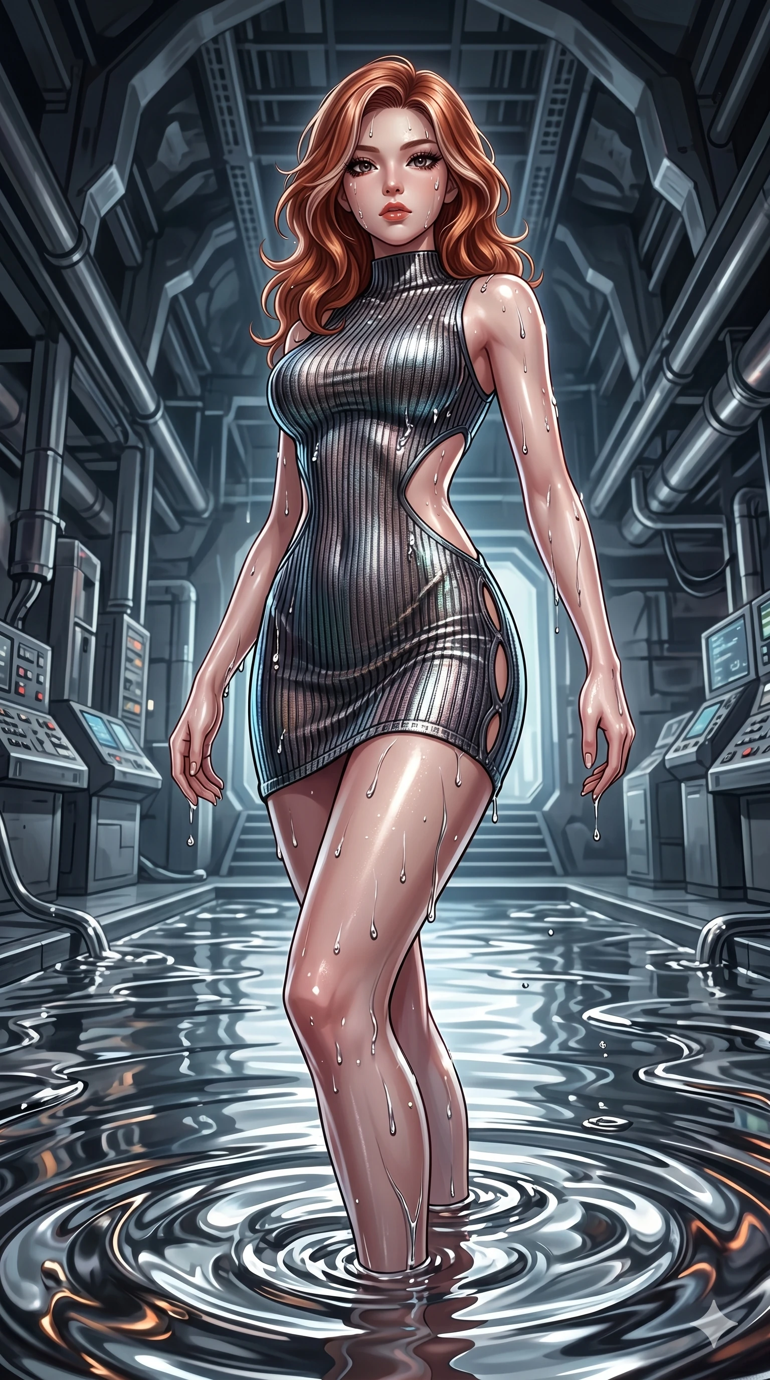 score_9, masterpiece, best quality, ultra-detailed, High-budget Anime Keyframe, East Asian woman. Dynamic full-body shot stretching the vertical silhouette to the limit. Scenario 74: Rising from a pool of mercury-like liquid, droplets rolling off her skin. Her presence is magnetic and overpowering in this high-budget anime scene. Outfit 74: A ribbed bodycon knit micro-mesh with a strategic side cut-outs and wet-look texture. The clothing is designed to emphasize her exceptionally tall and slender 8-heads proportion. 8-heads proportion, towering silhouette, ultra-slim waist. sharp v-shaped jawline, intricate jewel-like eyes with depth, thick eyelashes, glossy lips. 2k, ultra detail, master piece, 9:16 ratio