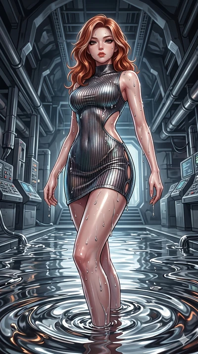 score_9, masterpiece, best quality, ultra-detailed, High-budget Anime Keyframe, East Asian woman. Dynamic full-body shot stretching the vertical silhouette to the limit. Scenario 74: Rising from a pool of mercury-like liquid, droplets rolling off her