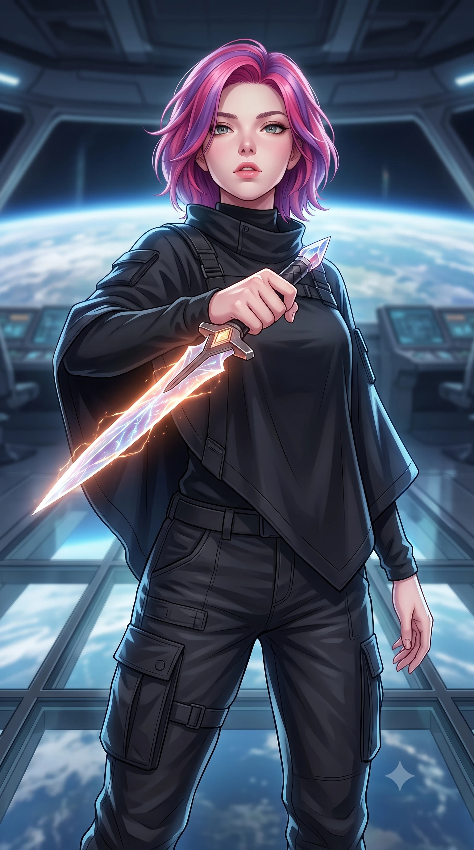 score_9, masterpiece, best quality, ultra-detailed, high-budget anime keyframe, editorial fashion photography, tasteful artistic composition, Caucasian woman. close-up cowboy shot from the waist and thighs up, the character dominates the composition, filling the frame with her large presence, background elements kept in soft focus. pointing a crystal-edged laser dagger forward in a defensive stance, tilting her chin up slightly with lips parted in a composed pose, the background shows a soft-focus a citadel bridge deck with glass panels showing a planet horizon below. She has an exceptionally elegant, slender, and willowy female figure with an ultra-slim waist, a gracefully sculpted slender torso, and a refined silhouette. sharp v-shaped jawline, high-bridge nose, intricate jewel-like eyes with depth, thick eyelashes, glossy lips with a natural sheen. wearing a slim-fit tactical utility poncho in waterproof matte black fabric, worn over a high-neck utility sweater and cargo pants. cool silver light reflecting from the planet below wrapping her form in a glaze. highly saturated vibrant anime colors, detailed shading with soft gradients, rich glossy textures, high-contrast stereoscopic depth, volumetric dynamic lighting, master piece, 9:16 ratio