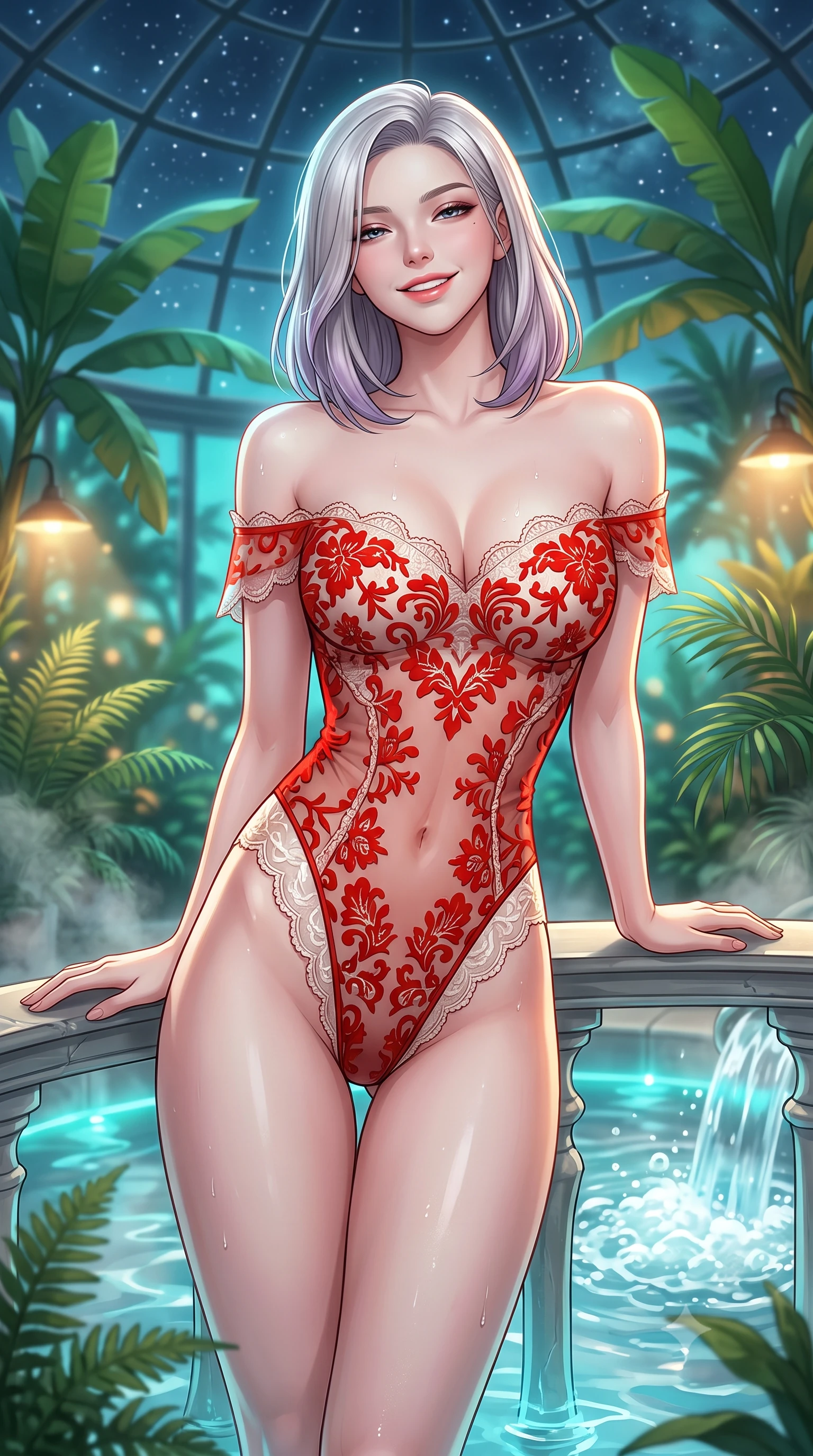 score_9, masterpiece, best quality, ultra-detailed, high-budget anime keyframe, editorial fashion photography, tasteful artistic composition, Caucasian woman. close-up cowboy shot from the waist and thighs up, the character dominates the composition, filling the frame with her large presence. leaning back against the balustrade with relaxed seductive grace, head tilted back slightly while casting a hypnotic, heavy-lidded gaze while twisting her slender torso in an alluring contrapposto stance beside the bubbling mineral spring, warm greenhouse light caressing her flat midriff and curves. The background shows a soft-focus steaming indoor thermal pool, lush subarctic greenhouse banana palms and ferns, and starry subpolar sky through glass dome blurred into emerald, turquoise, and amber bokeh. She has an exceptionally elegant, slender, and willowy female figure with an ultra-slim waist, flat toned midriff, narrow ribcage, and sculpted feminine hips creating an alluring, slim hourglass silhouette without bulk. sharp v-shaped jawline, high-bridge nose, intricate jewel-like sparkling eyes with depth, thick eyelashes, glossy parted lips with a natural peach sheen, bright cheerful beaming smile with an enchanting and coquettish sensual glint, exuding both youthful cute charm and seductive allure, flawlessly proportioned anatomical accuracy, strict slender model proportions, natural body alignment, perfectly sculpted long slender limbs, ultra-slim waistline, clean dynamic posture without body distortion. wearing an off-the-shoulder sheer-illusion Spanish lace bodysuit with strategic floral flocking and high-cut leg openings in Cordoba vermilion red and ivory alabaster marble, made of sheer gossamer chiffon that drapes softly against skin with airy translucence, finished with scalloped eyelash lace trim framing her sweetheart neckline with intimate elegance, the impeccably tailored cut draping gracefully along her slender figure with aristocratic poise. bathed in warm 2600K botanical grow lamps combined with turquoise underwater pool LEDs and clear Arctic starlight through glass. ultra-reflective glossy finish, specular highlights, rich textural contrasts, high-contrast stereoscopic depth, volumetric dynamic lighting, 2k, ultra detail, master piece, 9:16 ratio