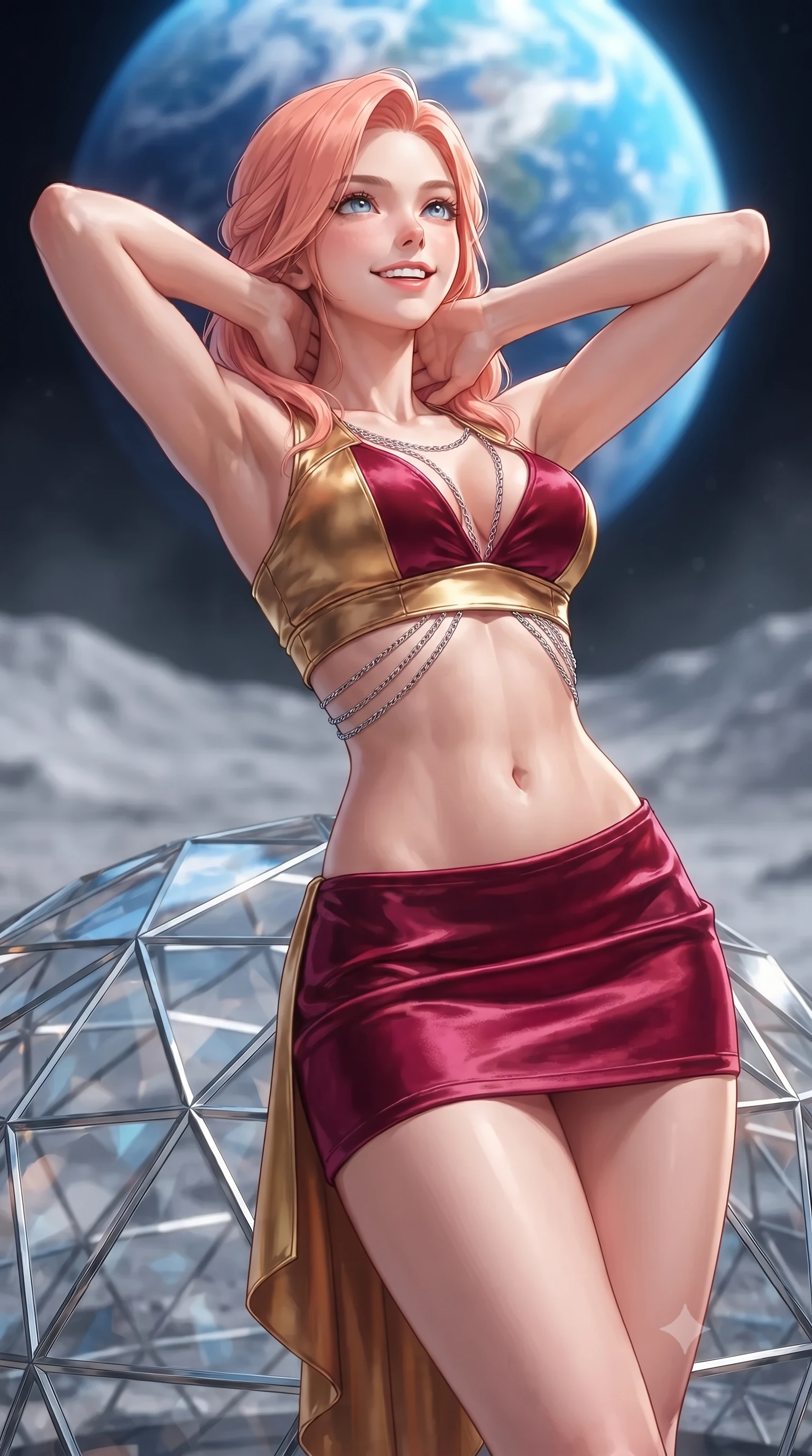 score_9, masterpiece, best quality, ultra-detailed, high-budget anime keyframe, editorial fashion photography, tasteful artistic composition, Japanese woman. close-up cowboy shot from the waist and thighs up, the character dominates the composition, filling the frame with her large presence. resting both hands lightly behind her neck with elbows raised, arching her spine to highlight her narrow waist, flat midriff, and breathtaking collarbones while leaning against the faceted diamond-glass dome strut with hips cocked back, gazing up at the brilliant blue marble of Earth rising over lunar peaks with bedroom-eyes. The background shows a soft-focus interior climate mist softened in lunar crater sanctuary shallow focus. She has an exceptionally elegant, slender, and willowy female figure with an ultra-slim waist, flat toned midriff, narrow ribcage, and sculpted feminine hips creating an alluring, slim hourglass silhouette without bulk. sharp v-shaped jawline, high-bridge nose, intricate jewel-like sparkling eyes with depth, thick eyelashes, glossy parted lips with a natural peach sheen, bright cheerful beaming smile with an enchanting and coquettish sensual glint, exuding both youthful cute charm and seductive allure, flawlessly proportioned anatomical accuracy, strict slender model proportions, natural body alignment, perfectly sculpted long slender limbs, ultra-slim waistline, clean dynamic posture without body distortion. wearing an ultra-cropped tech-wear bandeau top paired with a micro mini skirt revealing her flat toned midriff in Cyber-Baroque gilded gold and royal crimson velvet, crafted from fluid liquid silk satin that clings smoothly to her narrow waist and rounded hips with a dewy sheen, accented with an open-back drape framed by falling strands of delicate chrome chains, the second-skin tailored fabric adhering flawlessly to her sculpted flat midriff and slender torso, emphasizing her long leg lines and perfectly proportioned willowy build. illuminated by basalt tile reflection bounce and sharp Earth-blue rim lights sculpting her jawline, narrow waist, and curvy hips. ultra-reflective glossy finish, specular highlights, rich textural contrasts, high-contrast stereoscopic depth, volumetric dynamic lighting, 2k, ultra detail, master piece, 9:16 ratio