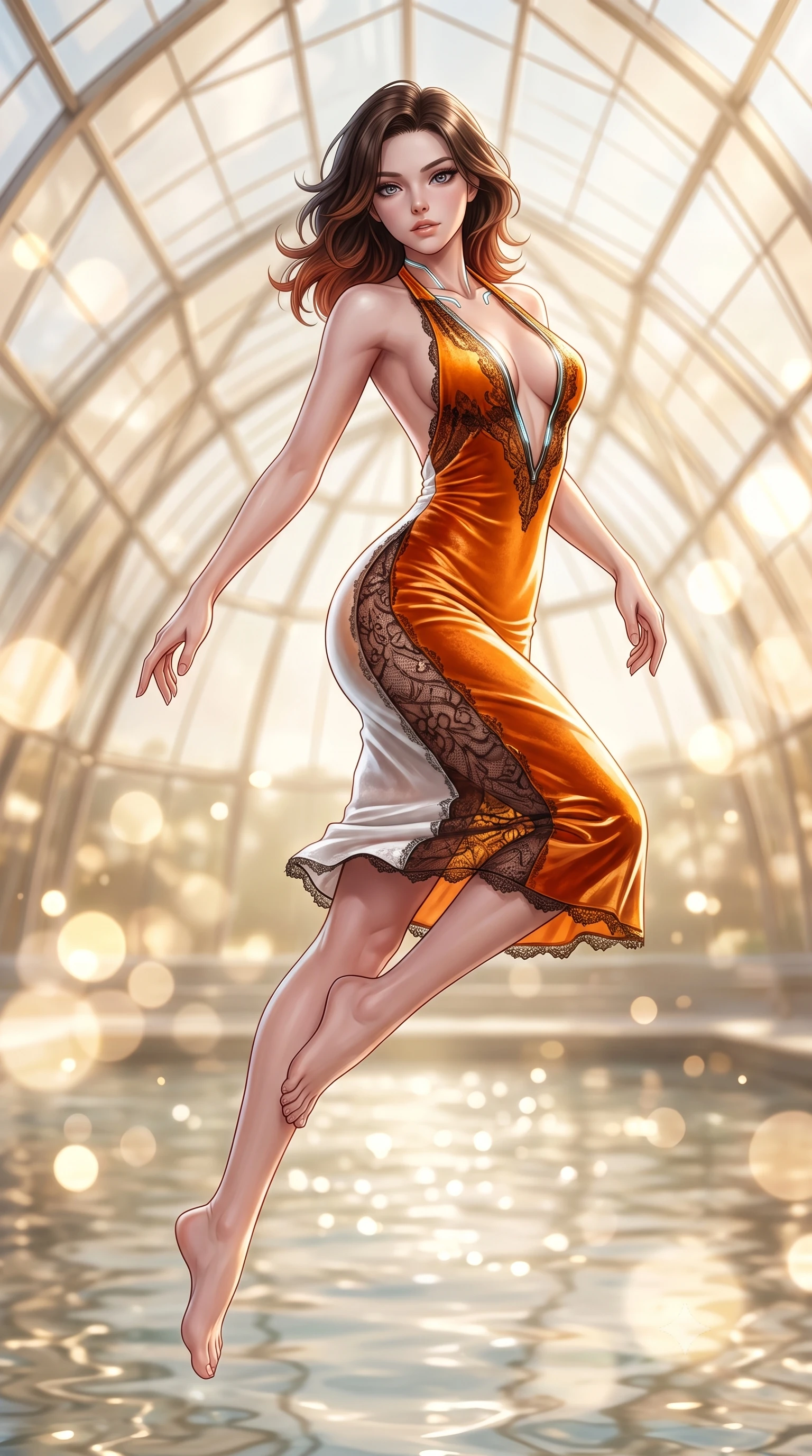 score_9, masterpiece, best quality, ultra-detailed, high-budget anime keyframe, semi-realistic 3D game render, editorial fashion photography, tasteful artistic composition, Korean woman. low angle full-body shot from head to toe showing her feet, filling the entire 9:16 vertical frame with her statuesque presence, stretching her vertical silhouette. leaping through mid-air with an athletic yet alluring arch of her spine, her impossibly long slender legs stretched in flawless poise while arching her spine in a fluid motion beneath a soaring champagne glass canopy in radiant morning light. The composition keeps background elements in soft focus with creamy bokeh. champagne-tinted glass reflections and shimmering water surfaces blurred into glowing golden bokeh. She has an absolutely perfect, statuesque 8.5-heads proportion, an exceptionally tall and slender model-like female figure with impossibly long slender legs, a toned flat midriff, and an ultra-slim waist. sharp v-shaped jawline, high-bridge nose, intricate jewel-like eyes with depth, thick eyelashes, glossy lips with a natural sheen, flawlessly proportioned anatomical accuracy, strict slender model proportions, natural body alignment, perfectly sculpted long slender limbs, ultra-slim waistline, clean dynamic posture without body distortion. wearing a velvet halter-neck midi dress fitting her statuesque contour flawlessly with a Tasteful chest slit and open spine in vivid sunset amber orange and cloud white, crafted from delicate dark lace interwoven with luminescent micro-fibers, featuring a dangerously unzipped neckline framed by glowing cybernetic accents, the sleek second-skin cut tightly hugging her graceful clavicle, narrow waist, and feminine curves with athletic precision. surrounded by an opulent, luminous, and enchantingly seductive contemporary pavilion ambiance. highly saturated vibrant anime colors, detailed shading with soft gradients, rich glossy textures, high-contrast stereoscopic depth, volumetric dynamic lighting, master piece, 9:16 ratio