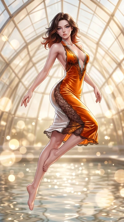 score_9, masterpiece, best quality, ultra-detailed, high-budget anime keyframe, semi-realistic 3D game render, editorial fashion photography, tasteful artistic composition, Korean woman. low angle full-body shot from head to toe showing her feet, fil