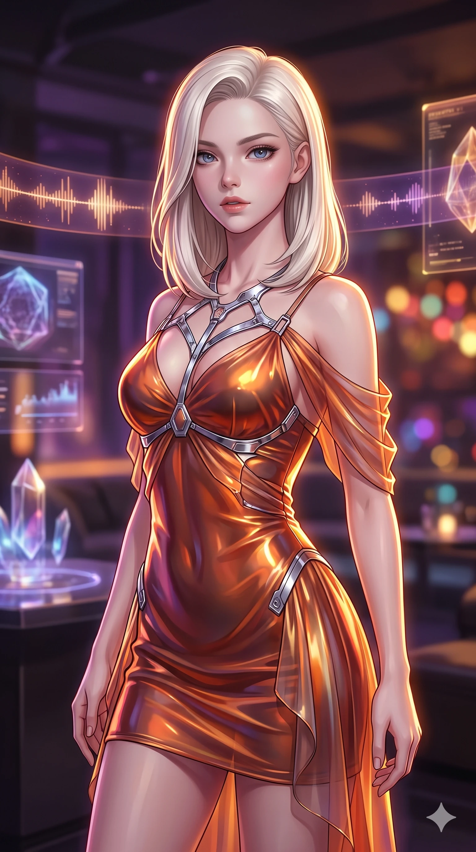 score_9, masterpiece, best quality, ultra-detailed, high-budget anime keyframe, semi-realistic 3D game render, editorial fashion photography, tasteful artistic composition, Caucasian woman. close-up cowboy shot from the waist and thighs up, the character dominates the composition, filling the frame with her large presence. twisting her slender torso in an alluring S-curve, dynamic rim light painting her narrow waist and curvy hips in fire while twisting her slender torso in an alluring S-curve, glowing liquor bottle illumination and soundwave lasers tracing her flat midriff and hourglass curves. The background shows a soft-focus floating illuminated soundwave ribbon visualizers, illuminated crystal liquor displays, and velvet acoustic panels blurred into amber, amethyst, and charcoal bokeh. She has an exceptionally elegant, slender, and willowy female figure with an ultra-slim waist, flat toned midriff, narrow ribcage, and sculpted feminine hips creating an alluring, slim hourglass silhouette without bulk. sharp v-shaped jawline, high-bridge nose, intricate jewel-like sparkling eyes with depth, thick eyelashes, glossy parted lips with a natural sheen, bright confident smile with an enchanting and coquettish sensual glint, exuding both youthful magnetic charm and sovereign high-tech allure, flawlessly proportioned anatomical accuracy, strict slender model proportions, natural body alignment, perfectly sculpted long slender limbs, ultra-slim waistline, clean dynamic posture without body distortion. wearing a form-contouring gossamer cyber-chiffon flight slip with a hip-high slit and open cowl back clinging with dewy moisture in fiery geothermal copper and molten amber glow, crafted from sheer technical cyber-lace reinforced with ultra-thin Kevlar threads, accented with a chrome-drop body harness subtly framing her dewy collarbones and spine, the high-slit tactical tailoring accentuating her ultra-slim waistline and the enchanting curve of her feminine hips with alluring seductive charm. illuminated by counter surface bounce and sharp amber-violet rim lights sculpting her razor-sharp jawline, narrow waist, and curvy hips. highly saturated vibrant anime colors, detailed shading with soft gradients, rich glossy textures, high-contrast stereoscopic depth, volumetric dynamic lighting, master piece, 9:16 ratio