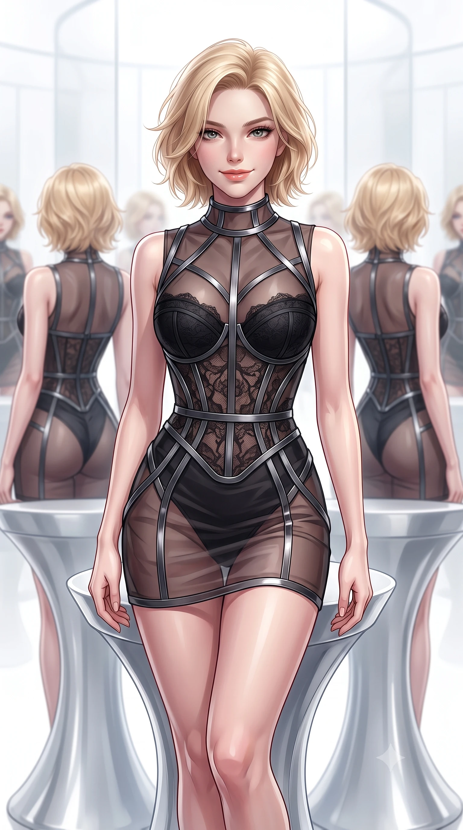 score_9, masterpiece, best quality, ultra-detailed, high-budget anime keyframe, editorial fashion photography, tasteful artistic composition, Caucasian woman. close-up cowboy shot from the waist and thighs up, the character dominates the composition, filling the frame with her large presence, background elements kept in soft focus. Smiling with quiet, magnetic self-assurance directly into the camera, poised on a platinum pedestal as infinite mirror reflections repeat into white space, magnetic runway model aura with supreme visual command. She has an exceptionally elegant, slender, and willowy female figure with an ultra-slim waist, a gracefully sculpted slender torso, and a refined silhouette. sharp v-shaped jawline, high-bridge nose, intricate jewel-like eyes with depth, thick eyelashes, glossy lips with a natural sheen. wearing translucent dark organza mini dress over structured black lace corset in pitch-black onyx, made of sheer dark organza overlay, highlighted by a gunmetal metallic harness structure, contouring every curve with an exceptionally elegant silhouette. lit by piercing key light highlighting her statuesque physical features. highly saturated vibrant anime colors, detailed shading with soft gradients, rich glossy textures, high-contrast stereoscopic depth, volumetric dynamic lighting, master piece, 9:16 ratio