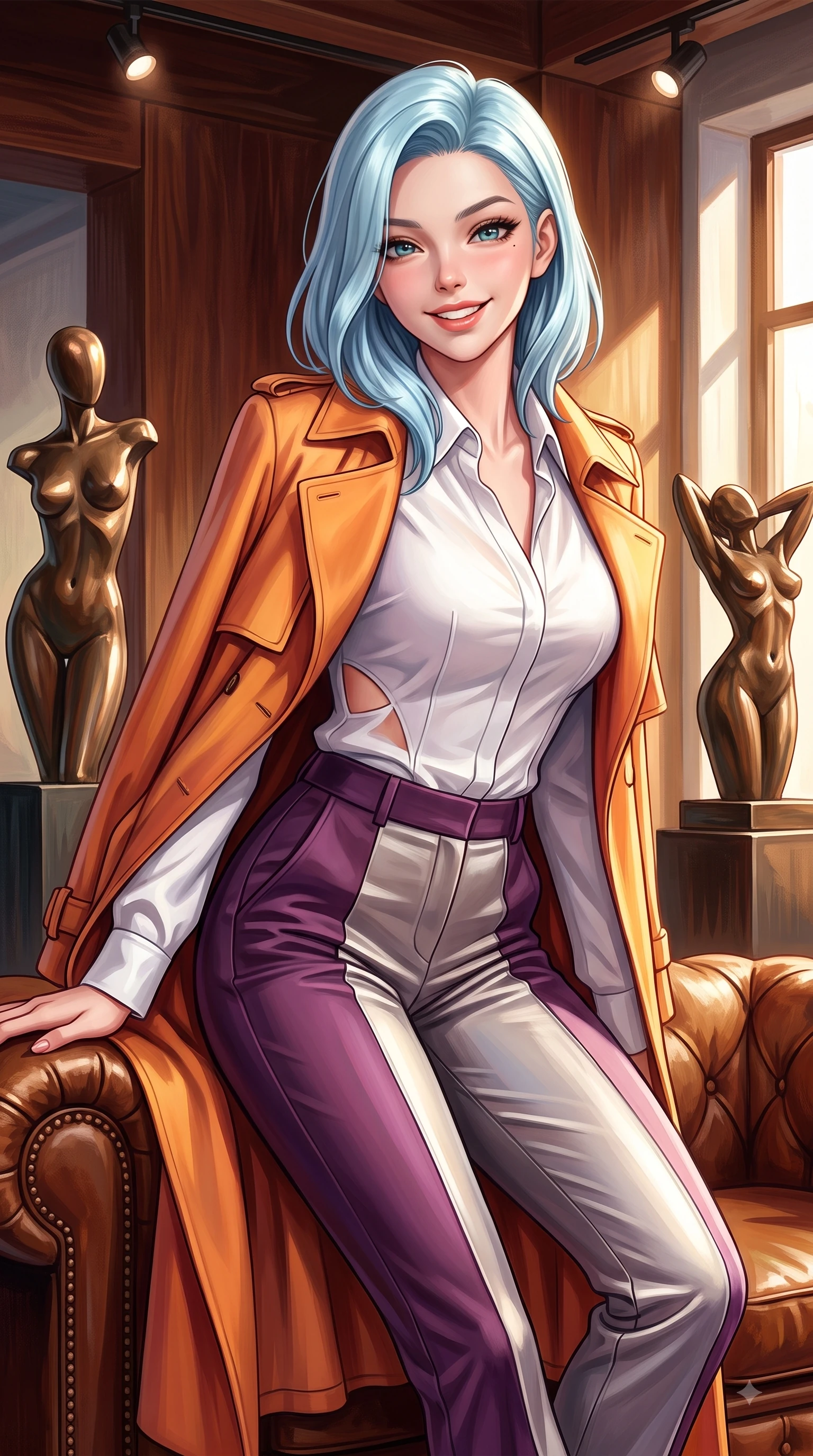 score_9, masterpiece, best quality, ultra-detailed, high-budget anime keyframe, editorial fashion photography, tasteful artistic composition, Korean woman. close-up cowboy shot from the waist and thighs up, the character dominates the composition, filling the frame with her large presence. Playful cute grin with eyes crinkling in pure girlhood delight, leaning forward with adorable energy while resting on a leather vintage sofa flanked by modern bronze sculptures. The surrounding environment is rendered in vivid detail and crisp panoramic clarity. vibrant oil painting textures and sunlit loft architecture rendered in vivid environmental detail. She has an exceptionally elegant, slender, and willowy female figure with an ultra-slim waist, a gracefully sculpted slender torso, and a refined silhouette. sharp v-shaped jawline, high-bridge nose, intricate jewel-like eyes with depth, thick eyelashes, glossy lips with a natural sheen, flawlessly proportioned anatomical accuracy, natural body alignment, perfectly sculpted elegant limbs, clean dynamic posture without body distortion. wearing a stylish sunset amber trench coat over a crisp white shirt and tailored trousers in rich plum violet and metallic platinum, crafted from smooth liquid silk satin, complemented by clean architectural seams and subtle cutouts, the fluid drape swaying gracefully with her dynamic editorial movement. illuminated by crisp gallery spotlights and rich mahogany ambient glow. highly saturated vibrant anime colors, detailed shading with soft gradients, rich glossy textures, high-contrast stereoscopic depth, volumetric dynamic lighting, master piece, 9:16 ratio