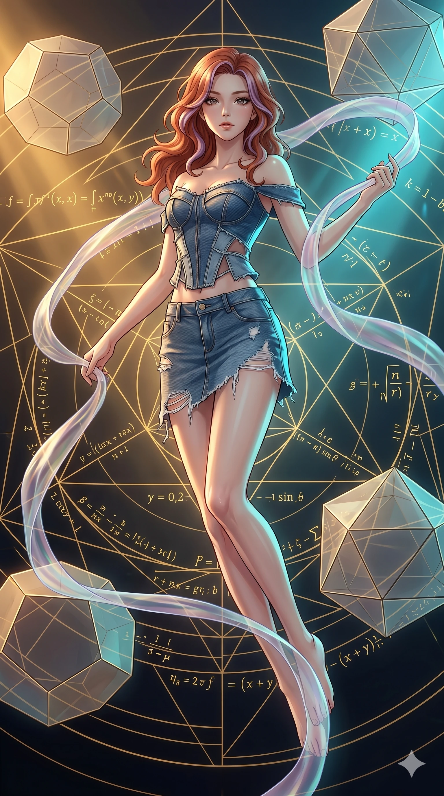 score_9, masterpiece, best quality, ultra-detailed, high-budget anime keyframe, Japanese woman. low angle full-body shot filling the entire 9:16 frame with her statuesque presence, stretching the vertical silhouette. floating gracefully in a mathematical mandala void filled with golden geometric lines of complex formulas, holding a translucent ribbon as she glides between floating regular polyhedrons. She has an absolutely perfect 8-heads proportion, an exceptionally tall and slender female figure with impossibly long slender legs and an ultra-slim waist. V-shaped jawline, high-bridge nose, intricate jewel-like eyes with depth, thick eyelashes, glossy lips with a natural sheen.. wearing a deconstructed denim corset and an asymmetric ripped denim micro-skirt, showcasing a rugged yet chic off-shoulder style. showcasing a beautiful play of light and shadow, with warm golden rays clashing against cool cyan highlights. 2k, ultra detail, master piece, 9:16 ratio