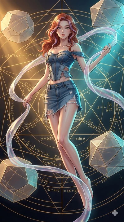 score_9, masterpiece, best quality, ultra-detailed, high-budget anime keyframe, Japanese woman. low angle full-body shot filling the entire 9:16 frame with her statuesque presence, stretching the vertical silhouette. floating gracefully in a mathemat