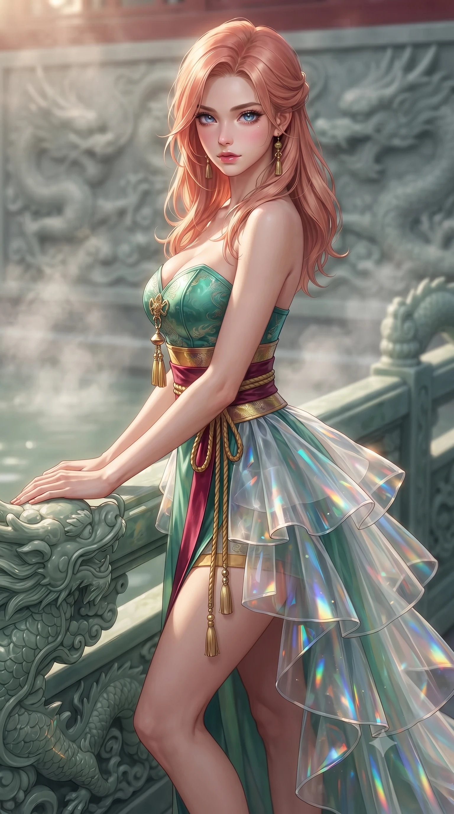 score_9, masterpiece, best quality, ultra-detailed, high-budget anime keyframe, editorial fashion photography, tasteful artistic composition, Japanese woman. close-up cowboy shot from the waist and thighs up, the character dominates the composition, filling the frame with her large presence. radiating intense magnetic charisma with jewel-like eyes locked onto the viewer, her upper body turning in a dynamic, fluid S-curve while resting one hand on an ornate carved jade dragon railing, looking into the lens with a piercing, majestic gaze. The composition keeps background elements in soft focus with creamy bokeh. steaming mineral spring waters and carved dragon reliefs softened in atmospheric depth of field. She has an exceptionally elegant, slender, and willowy female figure with an ultra-slim waist, a gracefully sculpted slender torso, toned flat midriff, and a refined slim silhouette. sharp v-shaped jawline, high-bridge nose, intricate jewel-like eyes with depth, thick eyelashes, glossy lips with a natural sheen, captivating and magnetic expression, flawlessly proportioned anatomical accuracy, strict slender model proportions, natural body alignment, perfectly sculpted long slender limbs, ultra-slim waistline, clean dynamic posture without body distortion. wearing a jade-inlaid silk bustier dress with multi-tiered translucent organza train and metallic sash in imperial gold and deep crimson silk, crafted from weightless prism organza that refracts light with every motion, accessorized with delicate gold bell tassels and braided silk cords, the liquid-tight tailored fabric emphasizing every curve of her tall, slender model proportions and sculptured silhouette during dynamic movement. surrounded by a royal, mythical, and deeply revered dragon palace guardian princess aura. ultra-reflective glossy finish, specular highlights, rich textural contrasts, high-contrast stereoscopic depth, volumetric dynamic lighting, 2k, ultra detail, master piece, 9:16 ratio