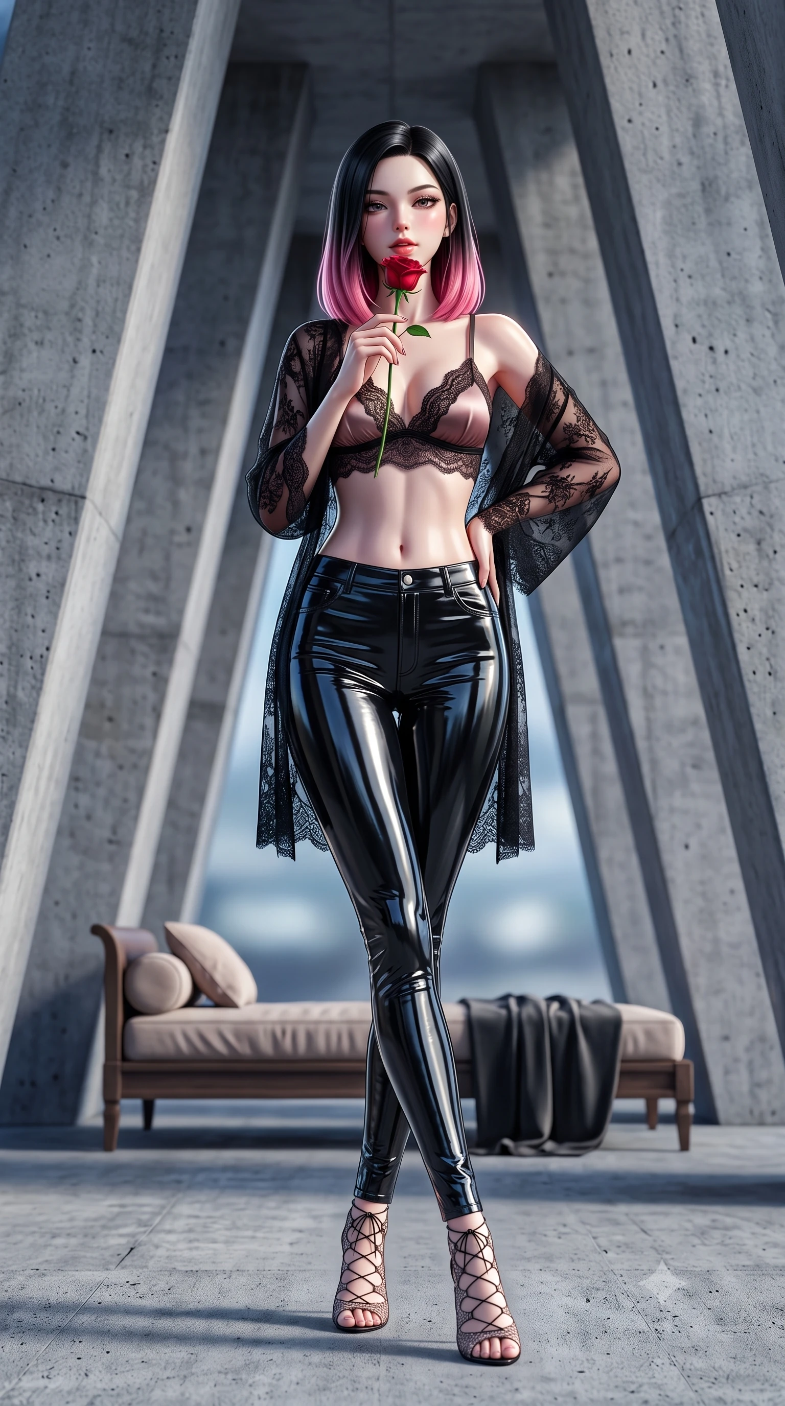score_9, masterpiece, best quality, ultra-detailed, high-budget anime keyframe, semi-realistic 3D game render, editorial fashion photography, tasteful artistic composition, Korean woman. low angle full-body shot from head to toe showing her feet, filling the entire 9:16 vertical frame with her statuesque presence, stretching her vertical silhouette. lounging on the lavish daybed with legs crossed and hips angled toward the camera, displaying her toned midriff and long slender limbs with effortless siren poise while standing between massive angled raw concrete pillars, arching her lower back with dramatic high-fashion contrast against the stone. The background shows a soft-focus colossal raw concrete pillars receding into geometric perspective and clear blue sky blurred into cool slate, bone, and sapphire bokeh. She has an absolutely perfect, statuesque 8.5-heads proportion, an exceptionally tall and slender model-like female figure with impossibly long slender legs, an ultra-slim waist, a flat toned midriff, narrow delicate ribcage, and beautifully sculpted feminine hips creating a graceful, slim hourglass silhouette without any bulky heaviness. sharp v-shaped jawline, high-bridge nose, sparkling eyes with hypnotic seductive depth, thick curled eyelashes, glossy parted lips with a natural dewy peach sheen, alluring bedroom-eyes with an enchanting coquettish smile, exuding magnetic siren charisma and sophisticated glamour, flawlessly proportioned anatomical accuracy, strict slender model proportions, natural body alignment, perfectly sculpted long slender limbs, ultra-slim waistline, clean dynamic posture without body distortion. wearing a delicate semi-sheer black Chantilly lace boudoir robe worn loose and slipping off bare shoulders over a matching satin bralette in dusky blush rose and antique black lace, crafted from wet-look high-gloss vinyl fabric with dazzling specular surface reflections, accented with a single fresh-cut long-stemmed crimson rose held delicately near her parted lips, the second-skin tailored fabric adhering flawlessly to her sculpted flat midriff and slender torso, emphasizing her long leg lines and perfectly proportioned willowy build. illuminated by concrete bounce fill and sharp platinum-white rim lights sculpting her jawline, flat midriff, and curvaceous hips. highly saturated vibrant anime colors, detailed shading with soft gradients, rich glossy textures, high-contrast stereoscopic depth, volumetric dynamic lighting, master piece, 9:16 ratio