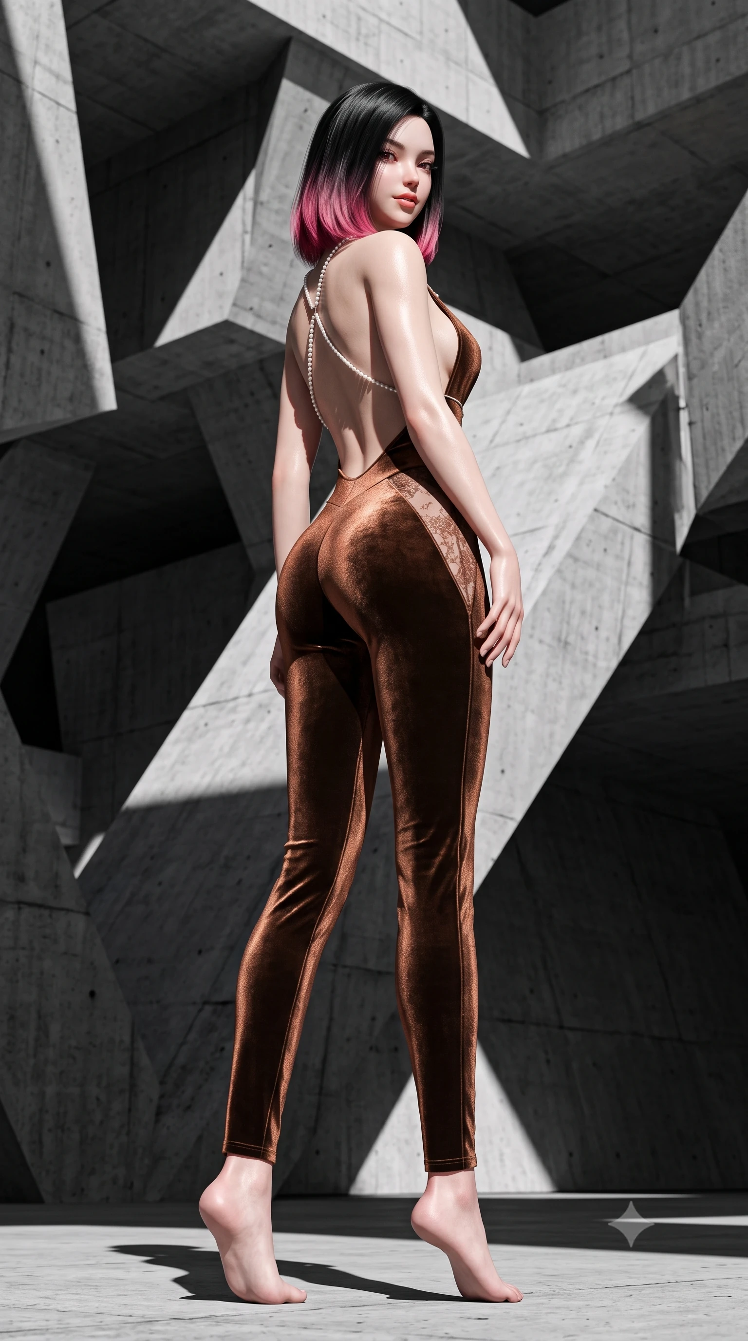 score_9, masterpiece, best quality, ultra-detailed, high-budget anime keyframe, semi-realistic 3D game render, editorial fashion photography, tasteful artistic composition, Korean woman. low angle full-body shot from head to toe showing her feet, filling the entire 9:16 vertical frame with her statuesque presence, stretching her vertical silhouette. executing a slow, graceful pivot turn as her skirt sways around her slender legs, glancing back with an enchanting, teasing sensual expression while twisting her slender torso in an alluring contrapposto stance, stark diagonal shadow wedges framing her narrow waist and rounded hips. The surrounding environment is rendered in vivid detail and crisp panoramic clarity: detailed second-skin stretch knit cling, glossy lip sheen, and sculptural brutalist architecture in razor-sharp precision. She has an absolutely perfect, statuesque 8.5-heads proportion, an exceptionally tall and slender model-like female figure with impossibly long slender legs, an ultra-slim waist, a flat toned midriff, narrow delicate ribcage, and beautifully sculpted feminine hips creating a graceful, slim hourglass silhouette without any bulky heaviness. sharp v-shaped jawline, high-bridge nose, sparkling eyes with hypnotic seductive depth, thick curled eyelashes, glossy parted lips with a natural dewy peach sheen, alluring bedroom-eyes with an enchanting coquettish smile, exuding magnetic siren charisma and sophisticated glamour, flawlessly proportioned anatomical accuracy, strict slender model proportions, natural body alignment, perfectly sculpted long slender limbs, ultra-slim waistline, clean dynamic posture without body distortion. wearing a backless plunge-front second-skin velvet jumpsuit with fluid tapered legs and sheer lace hip inserts in sultry espresso bronze and metallic copper with velvet sheen, crafted from fluid liquid silk satin that clings smoothly to every curve with a dewy sheen, accented with a pearl-drop body harness subtly framing her dewy collarbones and spine, the glove-like clinging cut tightly following the natural contour of her hips and long slender legs with youthful 8.5-heads elegance. bathed in intense high-noon sun creating stark, high-contrast black-and-white architectural chiaroscuro. highly saturated vibrant anime colors, detailed shading with soft gradients, rich glossy textures, high-contrast stereoscopic depth, volumetric dynamic lighting, master piece, 9:16 ratio