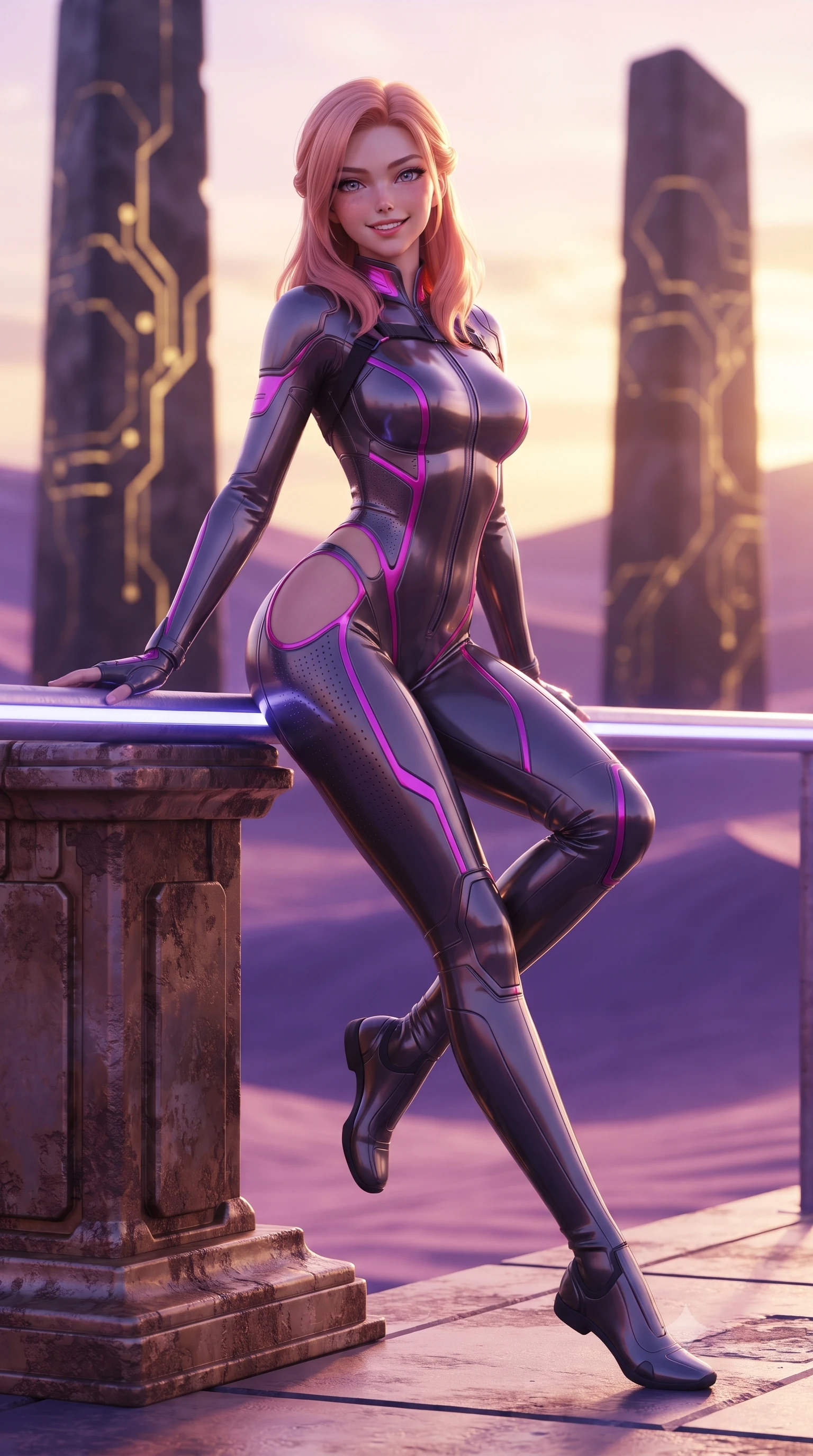 score_9, masterpiece, best quality, ultra-detailed, high-budget anime keyframe, editorial fashion photography, tasteful artistic composition, Japanese woman. low angle full-body shot from head to toe showing her feet, filling the entire 9:16 vertical frame with her statuesque presence, stretching her vertical silhouette. standing in a tall, confident posture with one hand on a glowing metal railing, stretching her statuesque body as she arches her lower back to emphasize her sculpted feminine hips and slender waist while lounging on an ancient metallic plinth with legs crossed, her futuristic combat suit contrasting magnificently with the vast alien desert. The background shows a soft-focus soaring obsidian monoliths with glowing golden circuit etchings and rolling violet sand dunes blurred into copper, amethyst, and gold bokeh. She has an absolutely perfect, statuesque 8.5-heads proportion, an exceptionally tall and slender model-like female figure with impossibly long slender legs, an ultra-slim waist, a flat toned midriff, narrow delicate ribcage, and beautifully sculpted feminine hips creating a graceful, slim hourglass silhouette without any bulky heaviness. sharp v-shaped jawline, high-bridge nose, intricate jewel-like sparkling eyes with depth, thick eyelashes, glossy parted lips with a natural sheen, bright confident smile with an enchanting and coquettish sensual glint, exuding both youthful magnetic charm and sovereign high-tech allure, flawlessly proportioned anatomical accuracy, strict slender model proportions, natural body alignment, perfectly sculpted long slender limbs, ultra-slim waistline, clean dynamic posture without body distortion. wearing a high-performance speeder pilot catsuit with ergonomic silicone grip lines and strategic hip cutouts in deep titanium gunmetal and radiant magenta neon, made of high-grade ballistic nylon with precision laser-cut perforations, finished with criss-cross Kevlar tactical straps tracing her graceful shoulder blades, the high-waisted tailoring accentuating her ultra-slim waistline and the enchanting curve of her feminine hips with alluring dark charm. bathed in the warm, dramatic twin-sun sunset light casting long sculptural shadows. ultra-reflective glossy finish, specular highlights, rich textural contrasts, high-contrast stereoscopic depth, volumetric dynamic lighting, 2k, ultra detail, master piece, 9:16 ratio