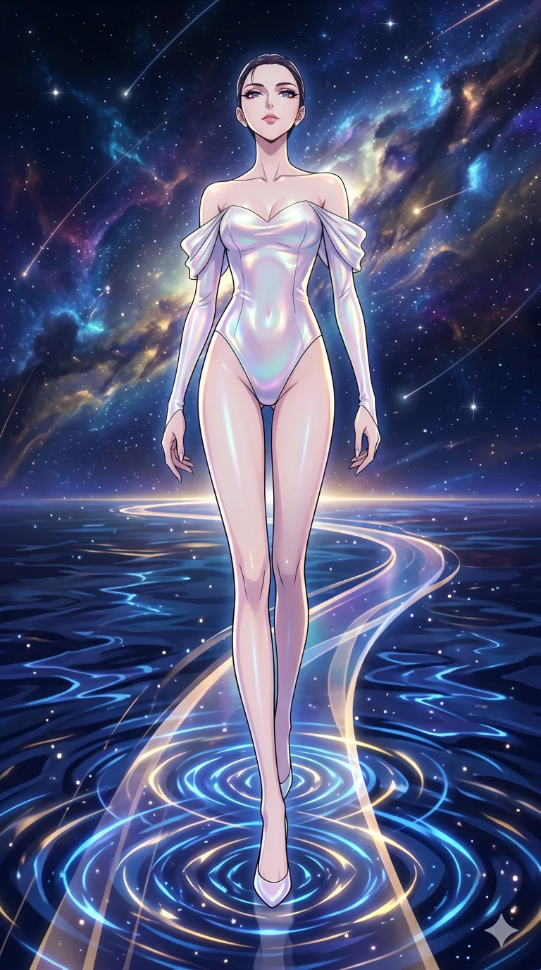 score_9, masterpiece, best quality, ultra-detailed, High-budget Anime Keyframe, vibrant colors, fluid line-art, expressive lighting, cinematic composition, Ufotable-style visual effects, top-tier animation quality, Japanese woman with delicate and elegant anime-inspired features. Low angle cowboy shot filling the entire 9:16 frame with her statuesque presence, looking up to emphasize her height. Walking upon a surface of vibrating fluid that reacts to her every step with geometric ripples. She has an absolutely perfect 8-heads proportion, an exceptionally tall and slender female figure with impossibly long slender legs and an ultra-slim waist, her statuesque height and towering silhouette dominating the vertical 9:16 frame. Her face is a masterpiece featuring a sharp v-shaped jawline, high-bridge nose, intricate jewel-like eyes with depth, thick eyelashes, and glossy lips with a natural sheen. She is wearing a Liquid pearl fabric bodysuit that shimmers with an iridescent sheen, with elegant off-shoulder sleeves. The scene is set in a starlit void where ribbons of light serve as the only paths. 2k, ultra detail, master piece, 9:16 ratio
