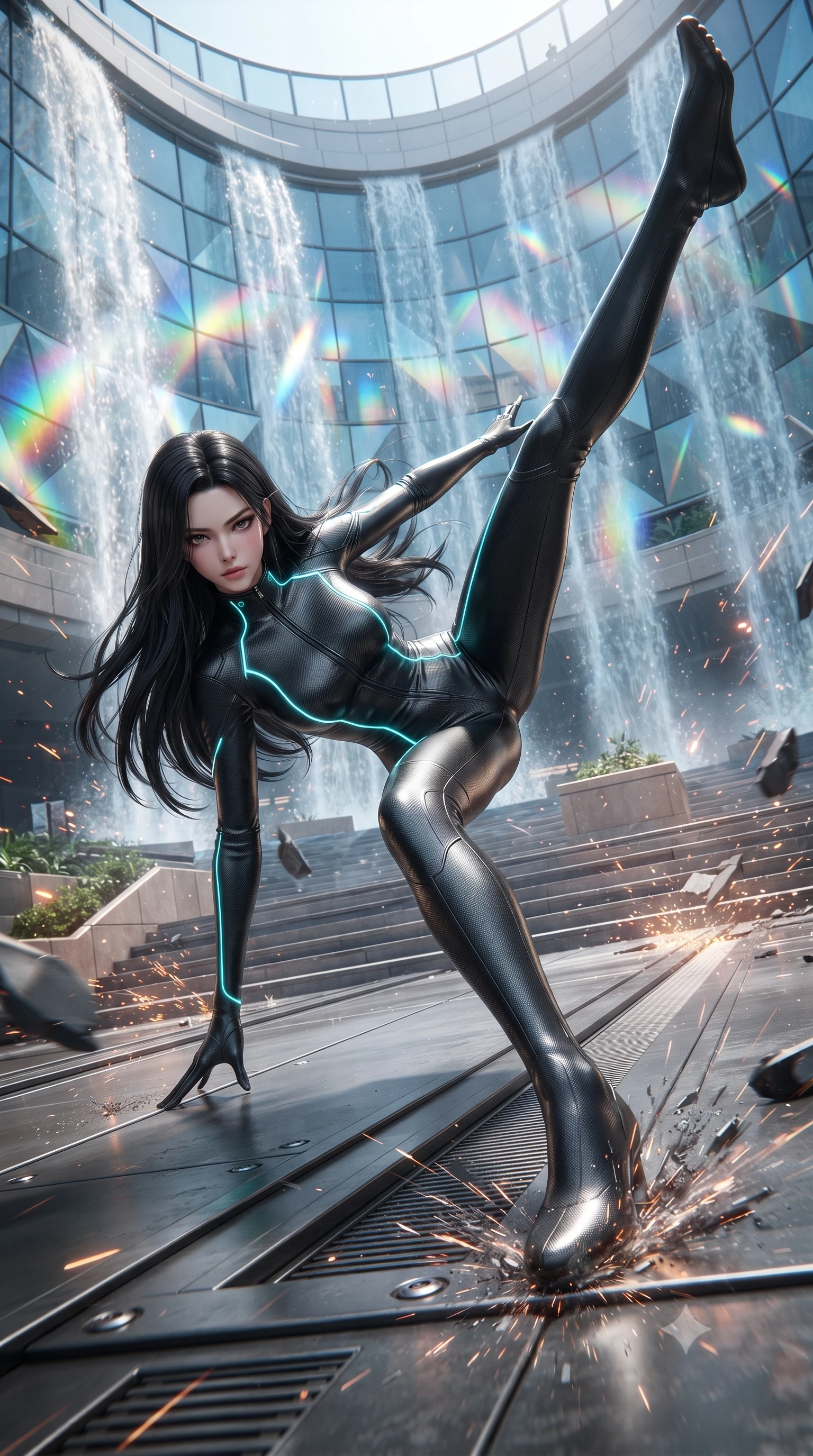 score_9, masterpiece, best quality, ultra-detailed, high-budget anime keyframe, editorial fashion photography, tasteful artistic composition, realistic cosplay photography, Korean woman. low angle full-body shot from head to toe showing her feet, filling the entire 9:16 vertical frame with her statuesque presence, stretching her vertical silhouette. skidding across a metal flight deck as the starship tilts violently during battle inside a public plaza built on a series of terraces, with artificial water streams flowing down glass walls. She has a statuesque 8.5-heads proportion, an exceptionally tall, slender and willowy model-like build with impossibly long legs and a highly sculpted ultra-slim waist. sharp v-shaped jawline, high-bridge nose, intricate jewel-like eyes with depth, thick eyelashes, glossy lips with a natural sheen. wearing the lightweight fabric rippling and billowing dramatically with her movement, a body-hugging form-contouring matte black carbon-fiber jumpsuit with neon cyan piping, tracing her slender silhouette with a sleek high collar. rainbow light refracting through water mist and geometric glass panels. ultra-reflective glossy finish, specular highlights, metallic sheen, high-contrast stereoscopic depth, volumetric dynamic lighting, 2k, ultra detail, master piece, 9:16 ratio