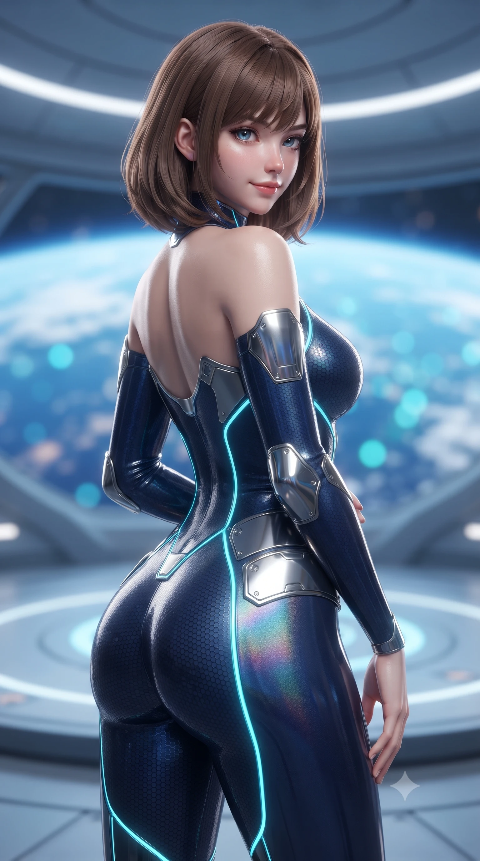 score_9, masterpiece, best quality, ultra-detailed, high-budget anime keyframe, editorial fashion photography, tasteful artistic composition, Caucasian woman. close-up cowboy shot from the waist and thighs up, the character dominates the composition, filling the frame with her large presence. posing in an alluring rear three-quarter angle, turning over a bare shoulder with an intoxicating gaze, her hips cocked back to highlight her slim hourglass curve against the glowing reactor while twisting her slender torso in a fluid S-curve while floating above the rotating floor, her skin-tight athletic suit hugging her hourglass curves. The background shows a soft-focus curving centrifugal training tracks and panoramic outer windows revealing the blue Earth blurred into azure, cloud white, and neon cyan bokeh. She has an exceptionally elegant, slender, and willowy female figure with an ultra-slim waist, flat toned midriff, narrow ribcage, and sculpted feminine hips creating an alluring, slim hourglass silhouette without bulk. sharp v-shaped jawline, high-bridge nose, intricate jewel-like sparkling eyes with depth, thick eyelashes, glossy parted lips with a natural sheen, bright confident smile with an enchanting and coquettish sensual glint, exuding both youthful magnetic charm and sovereign high-tech allure, flawlessly proportioned anatomical accuracy, strict slender model proportions, natural body alignment, perfectly sculpted long slender limbs, ultra-slim waistline, clean dynamic posture without body distortion. wearing an aerodynamic second-skin combat bodysuit with hexagonal carbon weave and glowing circuit seam piping in midnight navy blue and holographic iridescent shimmer, made of smooth liquid latex with high-contrast stereoscopic depth and wet shine, accented with strategically placed chrome armor plate guards covering key curves, the high-waisted tailoring accentuating her ultra-slim waistline and the enchanting curve of her feminine hips with alluring dark charm. illuminated by floor LED guides and sharp platinum rim lights defining her razor-sharp jawline, narrow waist, and curvy hips. ultra-reflective glossy finish, specular highlights, rich textural contrasts, high-contrast stereoscopic depth, volumetric dynamic lighting, 2k, ultra detail, master piece, 9:16 ratio