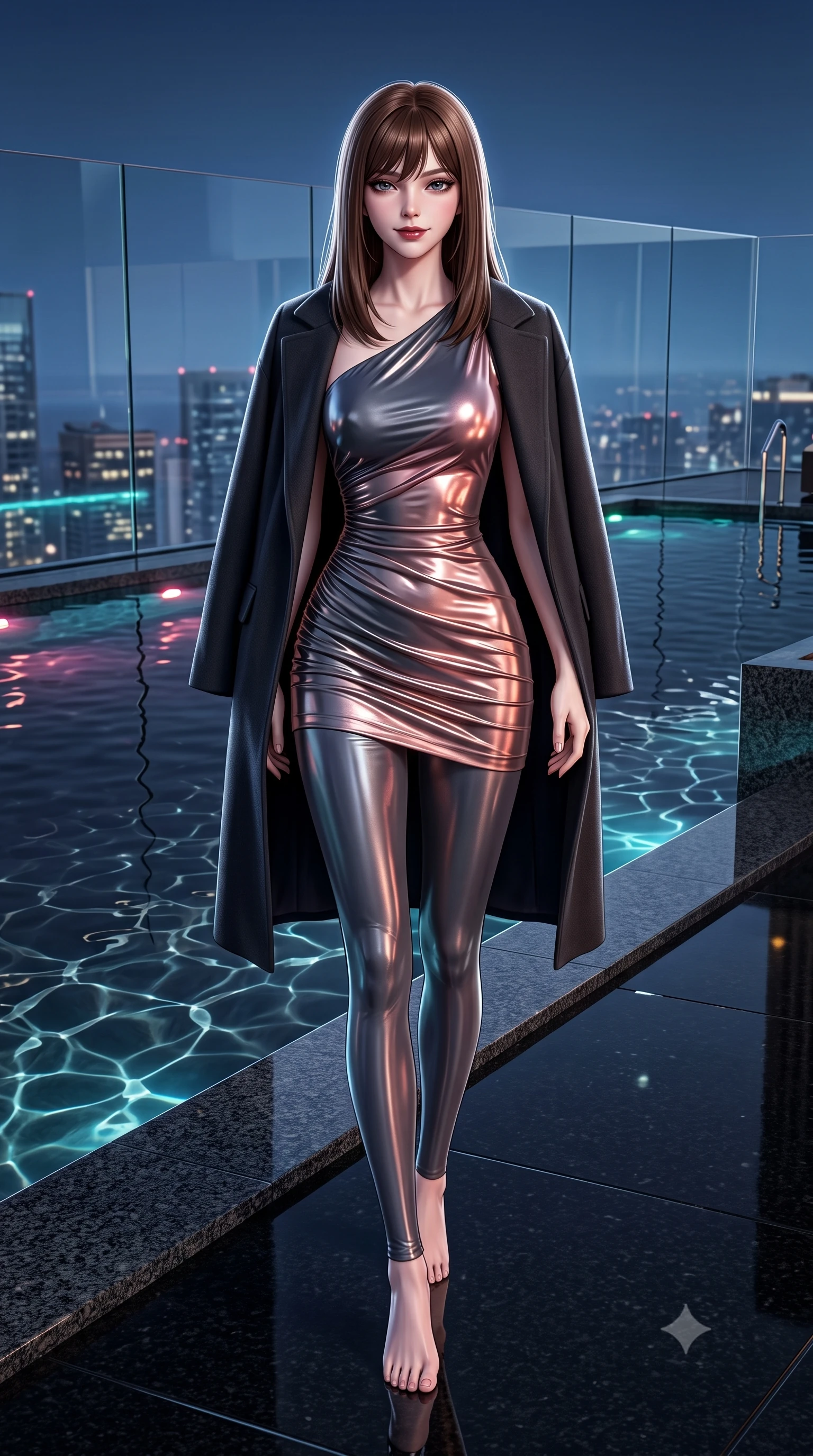 score_9, masterpiece, best quality, ultra-detailed, high-budget anime keyframe, semi-realistic 3D game render, editorial fashion photography, tasteful artistic composition, Korean woman. low angle full-body shot from head to toe showing her feet, filling the entire 9:16 vertical frame with her statuesque presence, stretching her vertical silhouette. striding forward gracefully across the reflective floor with sovereign supermodel poise, hips swaying in an alluring kinetic rhythm that accentuates her curvy hourglass silhouette and long slender legs while twisting her slender torso in an alluring S-curve beside the dark water, city lights and water caustics dancing across her narrow waist and hips. The surrounding environment is rendered in vivid detail and crisp panoramic clarity. sharp polished black granite edges, water caustics reflection patterns, and seamless glass balustrade clarity in deep focus. She has an exceptionally tall and slender model-like 8.5-heads proportion, an ultra-slim waist, a flat toned midriff, narrow delicate ribcage, and beautifully sculpted feminine hips creating a graceful, slim hourglass silhouette without any bulky heaviness, with impossibly long slender legs. sharp v-shaped jawline, high-bridge nose, intricate jewel-like dark sparkling eyes with dangerous depth, thick curled eyelashes, glossy parted lips with a rich wine sheen, smoldering seductive half-smile with bedroom-eyes, exuding effortless superiority and intoxicating dark allure, flawlessly proportioned anatomical accuracy, strict slender model proportions, natural body alignment, perfectly sculpted long slender limbs, ultra-slim waistline, clean dynamic posture without body distortion. wearing a liquid-look vinyl mini dress with an asymmetric neckline and hip-defining side ruching in smoky charcoal slate and molten rose gold, tailored from fine lightweight midnight wool crepe with crisp architectural structure, complemented by an oversized dark cashmere coat draped casually over one shoulder, the liquid-tight tailored fabric clinging flawlessly to her narrow waist and rounded feminine hips, emphasizing every millimeter of her sculpted slim hourglass curves without any bulky heaviness. illuminated by underwater pool LED accents and crisp platinum rim lighting sharply defining her slim waist, toned midriff, and curvy hips. highly saturated vibrant anime colors, detailed shading with soft gradients, rich glossy textures, high-contrast stereoscopic depth, volumetric dynamic lighting, master piece, 9:16 ratio