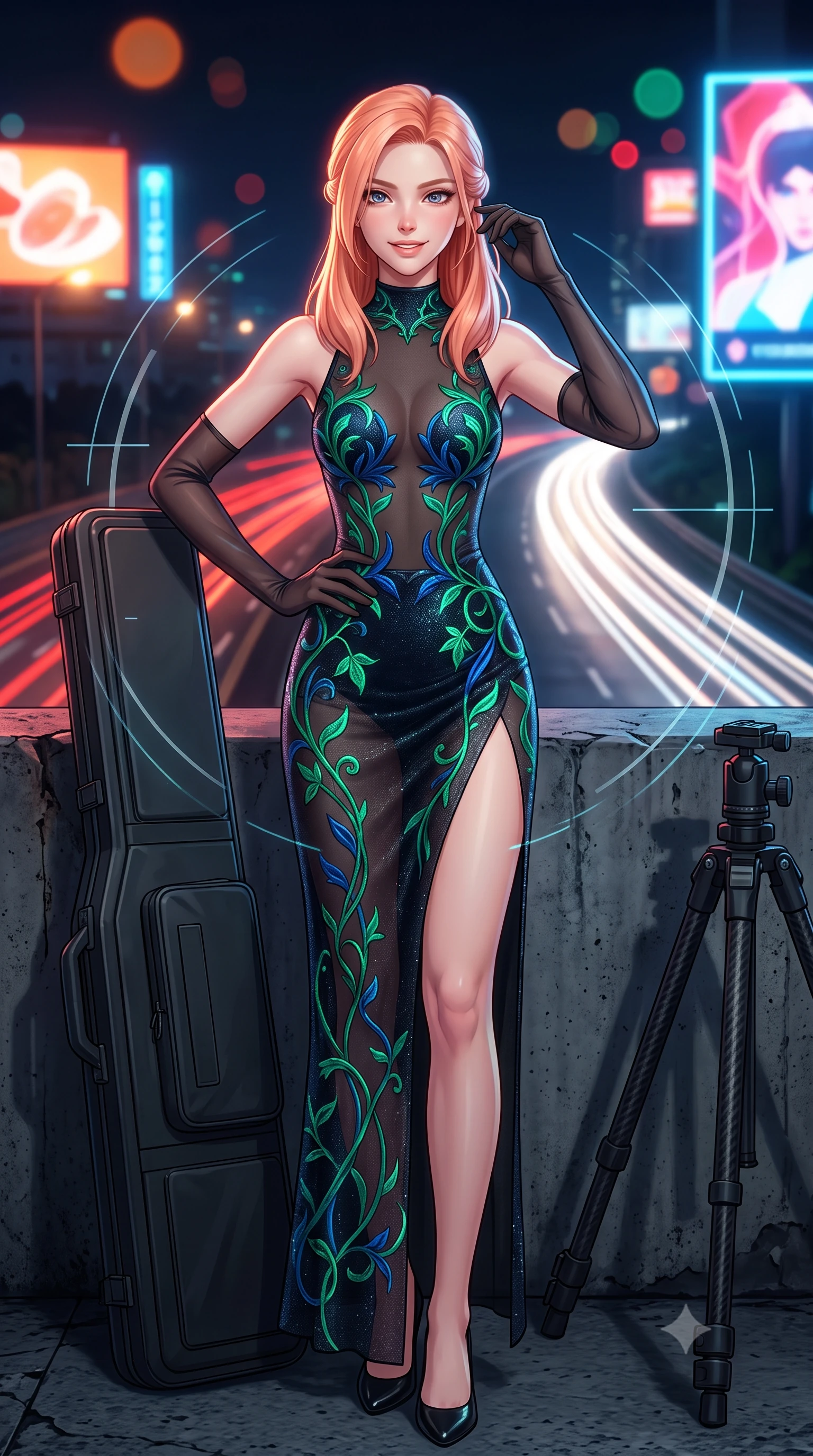 score_9, masterpiece, best quality, ultra-detailed, high-budget anime keyframe, semi-realistic 3D game render, editorial fashion photography, tasteful artistic composition, Japanese woman. close-up cowboy shot from the waist and thighs up, the character dominates the composition, filling the frame with her large presence. twisting her slender torso in an alluring contrapposto stance, one hand resting on her sculpted hip while her fingers toy with her hair with effortless poise while lounging gracefully across the tactical sniper case propped on one elbow with legs extended, displaying her long slender limbs and statuesque hourglass silhouette against the highway lights. The surrounding environment is rendered in vivid detail and crisp panoramic clarity: sharp weathered concrete textures, tactical tripod carbon-weave legs, and crisp holographic HUD crosshairs in deep focus. She has an exceptionally elegant, slender, and willowy female figure with an ultra-slim waist, flat toned midriff, narrow ribcage, and sculpted feminine hips creating an alluring, slim hourglass silhouette without bulk. sharp v-shaped jawline, high-bridge nose, intricate jewel-like sparkling eyes with depth, thick eyelashes, glossy parted lips with a natural peach sheen, bright cheerful beaming smile with an enchanting and coquettish sensual glint, exuding both youthful cute charm and seductive allure, flawlessly proportioned anatomical accuracy, strict slender model proportions, natural body alignment, perfectly sculpted long slender limbs, ultra-slim waistline, clean dynamic posture without body distortion. wearing a provocative sheer noir illusion mesh combat dress with embroidered climbing metallic ivy ribbons contouring her curves in bioluminescent emerald and abyssal sapphire, woven from stretch metallic lurex jersey casting radiant starlight glints across her curves, complemented by sheer opera-length evening gloves tracing her slender arms, the bespoke structured tailoring following the natural line of her 8.5-heads silhouette with refined elegance. bathed in the continuous dynamic red-and-white illumination of flowing vehicle light trails mixed with neon billboard glow. highly saturated vibrant anime colors, detailed shading with soft gradients, rich glossy textures, high-contrast stereoscopic depth, volumetric dynamic lighting, master piece, 9:16 ratio