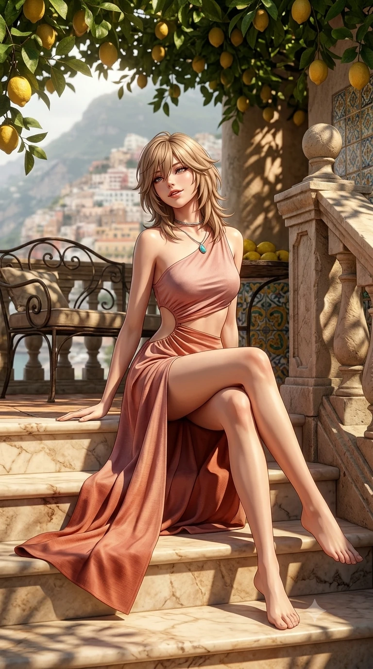 score_9, masterpiece, best quality, ultra-detailed, high-budget anime keyframe, semi-realistic 3D game render, editorial fashion photography, tasteful artistic composition, Japanese woman. low angle full-body shot from head to toe showing her feet, filling the entire 9:16 vertical frame with her statuesque presence, stretching her vertical silhouette. sitting poised on the warm marble steps with one knee bent, arching her spine with supermodel elegance as she glances upward through thick eyelashes while sitting gracefully on the wrought-iron balcony settee with legs crossed, flashing a coquettish smile with parted glossy lips. The surrounding environment is rendered in vivid detail and crisp panoramic clarity: sharp rough lemon rind texture, carved limestone balustrade chisel marks, and majolica ceramic tile patterns in deep focus. She has an absolutely perfect, statuesque 8.5-heads proportion, an exceptionally tall and slender model-like female figure with impossibly long slender legs, an ultra-slim waist, a flat toned midriff, narrow delicate ribcage, and beautifully sculpted feminine hips creating a graceful, slim hourglass silhouette without any bulky heaviness. sharp v-shaped jawline, high-bridge nose, sparkling eyes with hypnotic seductive depth, thick curled eyelashes, glossy parted lips with a natural dewy peach sheen, alluring bedroom-eyes with an enchanting coquettish smile, exuding magnetic siren charisma and sophisticated glamour, flawlessly proportioned anatomical accuracy, strict slender model proportions, natural body alignment, perfectly sculpted long slender limbs, ultra-slim waistline, clean dynamic posture without body distortion. wearing an asymmetric one-shoulder liquid jersey resort gown with dramatic hip-high slit and waist cutout in Positano pastel rose and terracotta brick, woven from bespoke sun-bleached selvedge linen with rich tactile slub texture, finished with a minimalist chrome choker and a single turquoise stone pendant, the form-contouring cut accentuating her sculpted flat midriff, narrow delicate ribcage, and gracefully curvy hips with intoxicating allure. bathed in warm 2900K afternoon sunbeams filtering through dense green lemon foliage creating intricate organic shadow patterns. highly saturated vibrant anime colors, detailed shading with soft gradients, rich glossy textures, high-contrast stereoscopic depth, volumetric dynamic lighting, master piece, 9:16 ratio