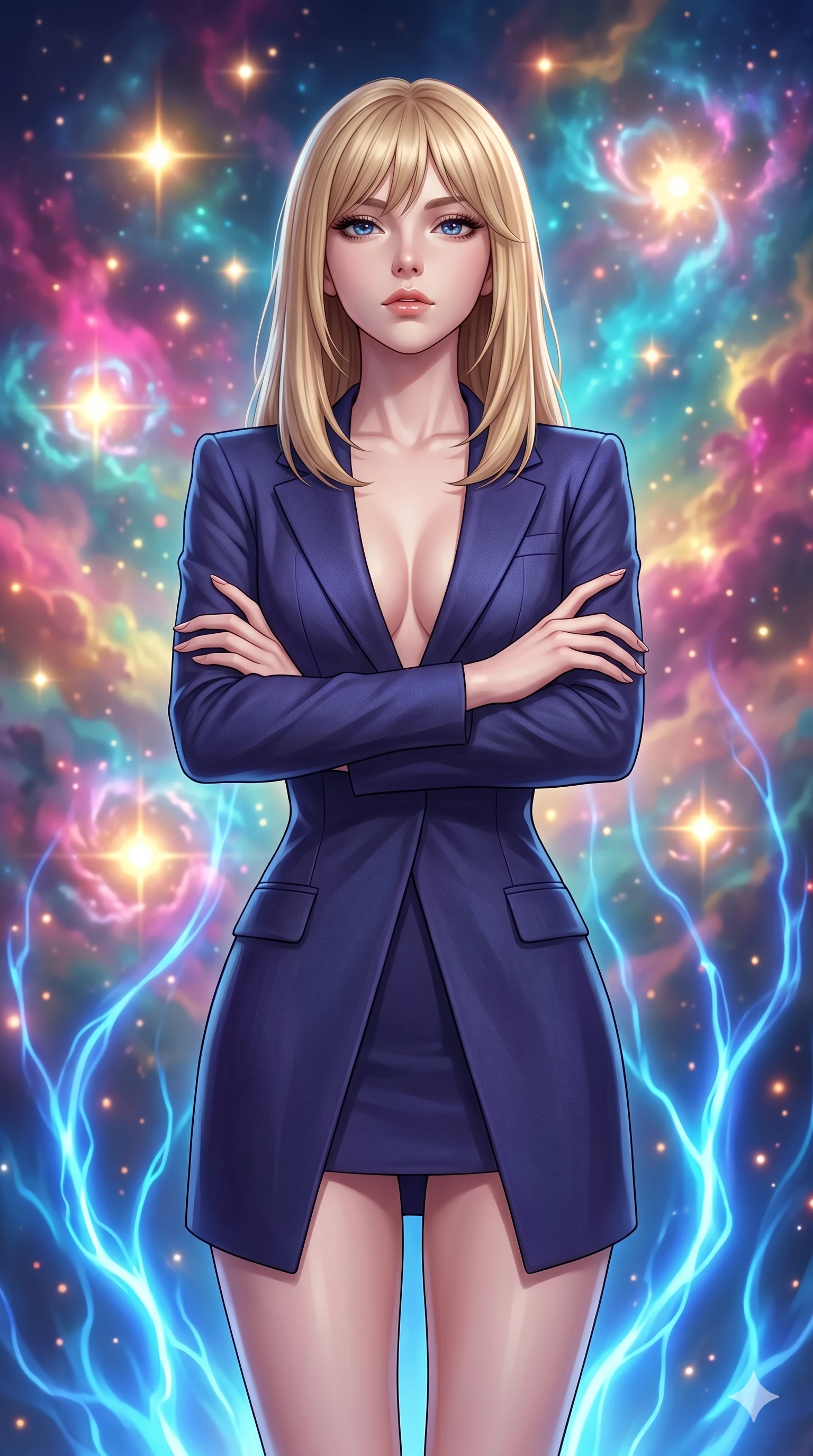 score_9, masterpiece, best quality, ultra-detailed, high-budget anime keyframe, editorial fashion photography, tasteful artistic composition, Japanese woman. close-up cowboy shot from the waist and thighs up, the character dominates the composition, filling the frame with her large presence, background elements kept in soft focus. Crossing her arms with serene confidence and chin slightly raised. set against a soft-focus background of a celestial garden where infant stars bloom like luminous flowers inside swirling colorful nebula clouds of magenta cyan and gold each proto-star casting its own warm glow onto petals of cosmic gas. She has an exceptionally elegant and slender, willowy female figure with an ultra-slim waist, a gracefully sculpted slender torso, and a refined slim physique. sharp v-shaped jawline, high-bridge nose, intricate jewel-like eyes with depth, thick eyelashes, glossy lips with a natural sheen. wearing a tailored blazer dress in deep indigo, featuring a plunging neckline and a high-cut front hem. pulsing electric blue plasma arc lighting rising dramatically from below. 2k, ultra detail, master piece, 9:16 ratio
