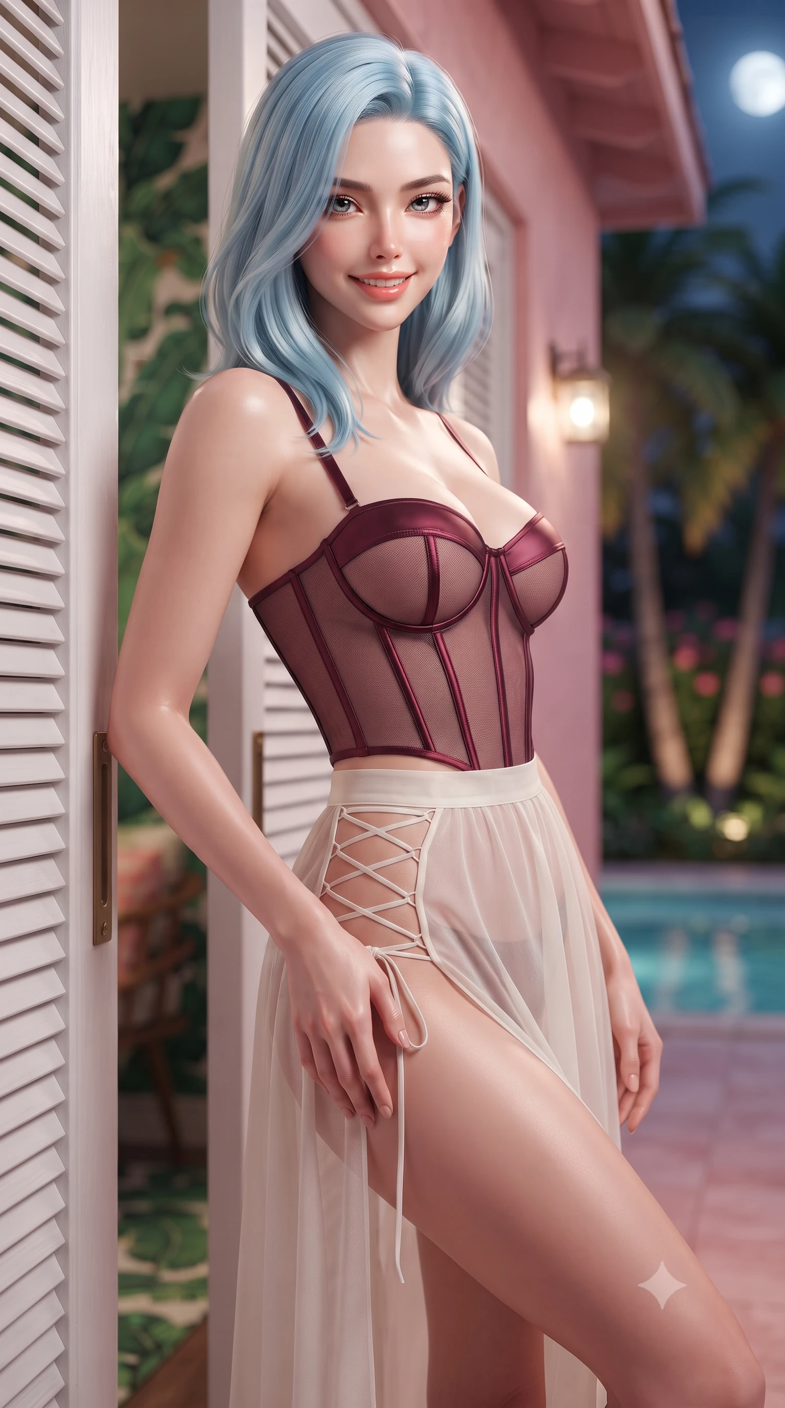 score_9, masterpiece, best quality, ultra-detailed, high-budget anime keyframe, editorial fashion photography, tasteful artistic composition, Korean woman. close-up cowboy shot from the waist and thighs up, the character dominates the composition, filling the frame with her large presence. tilting her head with a teasing half-smile, running one hand slowly down the side of her hip in a flirtatious S-curve as ambient light caresses her silhouette while leaning against the french louvered lanai door with hips cocked back, looking through hibiscus shadows with smoldering bedroom-eyes. The background shows a soft-focus vibrant emerald banana-leaf wallpaper patterns, pink stucco walls of the historic bungalow, and moonlit private pool through palms blurred into emerald, rose pink, and gold bokeh. She has an exceptionally elegant, slender, and willowy female figure with an ultra-slim waist, flat toned midriff, narrow ribcage, and sculpted feminine hips creating an alluring, slim hourglass silhouette without bulk. sharp v-shaped jawline, high-bridge nose, intricate jewel-like sparkling eyes with depth, thick eyelashes, glossy parted lips with a natural peach sheen, bright cheerful beaming smile with an enchanting and coquettish sensual glint, exuding both youthful cute charm and seductive allure, flawlessly proportioned anatomical accuracy, strict slender model proportions, natural body alignment, perfectly sculpted long slender limbs, ultra-slim waistline, clean dynamic posture without body distortion. wearing a provocative translucent mesh corset bodice with boned satin channels paired with a sheer chiffon wrap maxi skirt in Belvedere ivory pearl and Habsburg bordeaux wine, crafted from translucent silk organza with an ethereal crystalline sheen, featuring fine criss-cross lace-up side ties revealing tantalizing glimpses of her hip curve, the form-contouring silhouette accentuating her sculpted flat midriff, narrow delicate ribcage, and gracefully curvy hips with intoxicating allure. illuminated by mirror reflection fill and sharp champagne-rose rim lights defining her dewy collarbones, ultra-slim waist, and curvy hips. ultra-reflective glossy finish, specular highlights, rich textural contrasts, high-contrast stereoscopic depth, volumetric dynamic lighting, 2k, ultra detail, master piece, 9:16 ratio