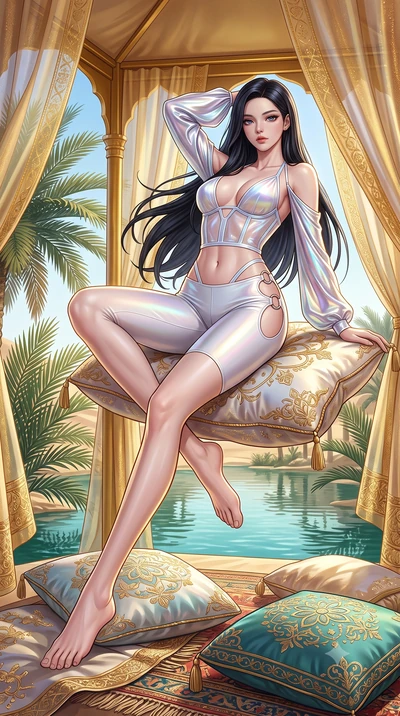 score_9, masterpiece, best quality, ultra-detailed, high-budget anime keyframe, semi-realistic 3D game render, editorial fashion photography, tasteful artistic composition, Korean woman. low angle full-body shot from head to toe showing her feet, fil