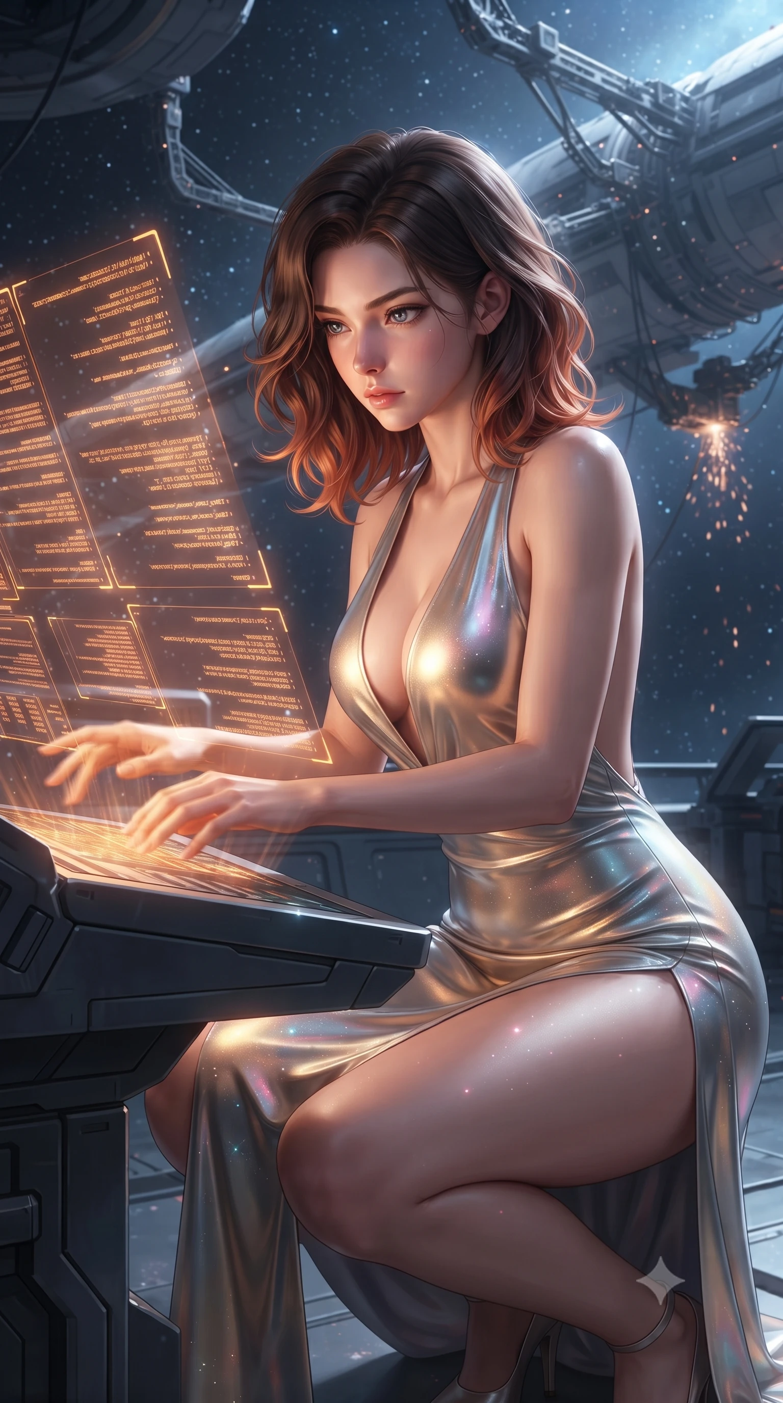 score_9, masterpiece, best quality, ultra-detailed, high-budget anime keyframe, editorial fashion photography, tasteful artistic composition, realistic cosplay photography, Korean woman. close-up cowboy shot from the waist and thighs up, the character dominates the composition, filling the frame with her large presence, background elements kept in soft focus. Hacking a security terminal in a low crouch, fingers moving in a blur as amber code screens surround her. set against a soft-focus background of a giant space station dock, a colossal flagship tethered by metal loading arms, welding sparks falling in zero gravity. She has an exceptionally elegant and slender, willowy female figure with an ultra-slim waist, a gracefully sculpted slender torso, and a refined slim physique. sharp v-shaped jawline, high-bridge nose, intricate jewel-like eyes with depth, thick eyelashes, glossy lips with a natural sheen. wearing tailored for maximum mobility, sleek form-contouring panels that allow fluid movement, a slim-fit deep plunging-V neck maxi dress in a liquid silver and gold gradient, featuring a bold open-back and a daring high slit. starlight and nebula glow casting soft cosmic pink and cyan highlights on her form. ultra-reflective glossy finish, specular highlights, metallic sheen, high-contrast stereoscopic depth, volumetric dynamic lighting, 2k, ultra detail, master piece, 9:16 ratio