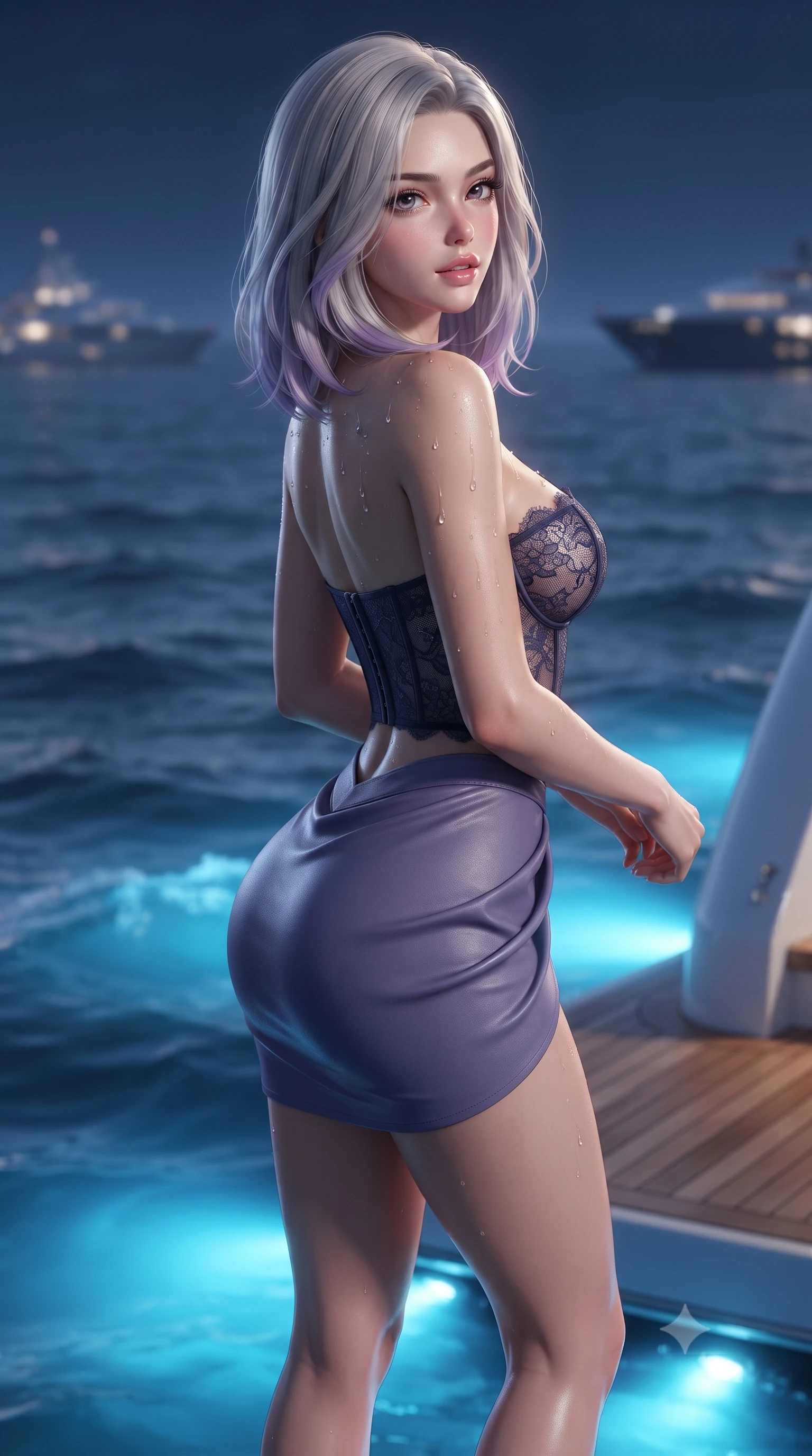 score_9, masterpiece, best quality, ultra-detailed, high-budget anime keyframe, editorial fashion photography, tasteful artistic composition, Caucasian woman. close-up cowboy shot from the waist and thighs up, the character dominates the composition, filling the frame with her large presence. posing in an alluring rear three-quarter angle, looking over a bare shoulder with parted glossy lips, her hips cocked back to highlight her slim hourglass curve while standing on the lowered teak swim platform flush with the lapping ocean, arching her spine with supreme superyacht beach glamour. The background shows a soft-focus gently lapping ocean waves softened in exclusive maritime nocturnal shallow focus. She has an exceptionally elegant, slender, and willowy female figure with an ultra-slim waist, flat toned midriff, narrow ribcage, and sculpted feminine hips creating an alluring, slim hourglass silhouette without bulk. sharp v-shaped jawline, high-bridge nose, sparkling eyes with hypnotic seductive depth, thick curled eyelashes, glossy parted lips with a natural dewy peach sheen, alluring bedroom-eyes with an enchanting coquettish smile, exuding magnetic siren charisma and sophisticated glamour, flawlessly proportioned anatomical accuracy, strict slender model proportions, natural body alignment, perfectly sculpted long slender limbs, ultra-slim waistline, clean dynamic posture without body distortion. wearing a sculpted underwire demi-bustier in semi-sheer lace paired with an ultra-short draped tulip skirt in twilight lavender and midnight indigo, woven from buttery-soft stretch lambskin leather adhering to her body like a second skin, finished with glistening drops of pool water beading across her sculpted shoulders and collarbones, the glove-like clinging cut tightly following the natural contour of her hips and long slender legs with youthful 8.5-heads elegance. bathed in brilliant azure underwater LED hull lights illuminating the sea around the swim platform. ultra-reflective glossy finish, specular highlights, rich textural contrasts, high-contrast stereoscopic depth, volumetric dynamic lighting, 2k, ultra detail, master piece, 9:16 ratio